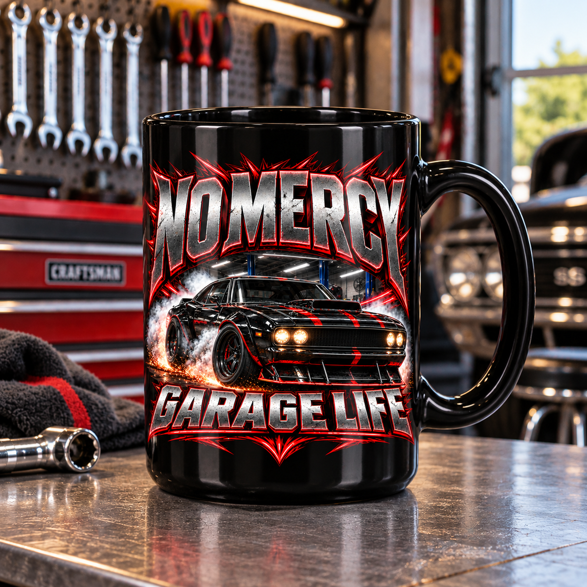 No Mercy Garage Black Mug 15oz with Garage Life artwork by Print Gear