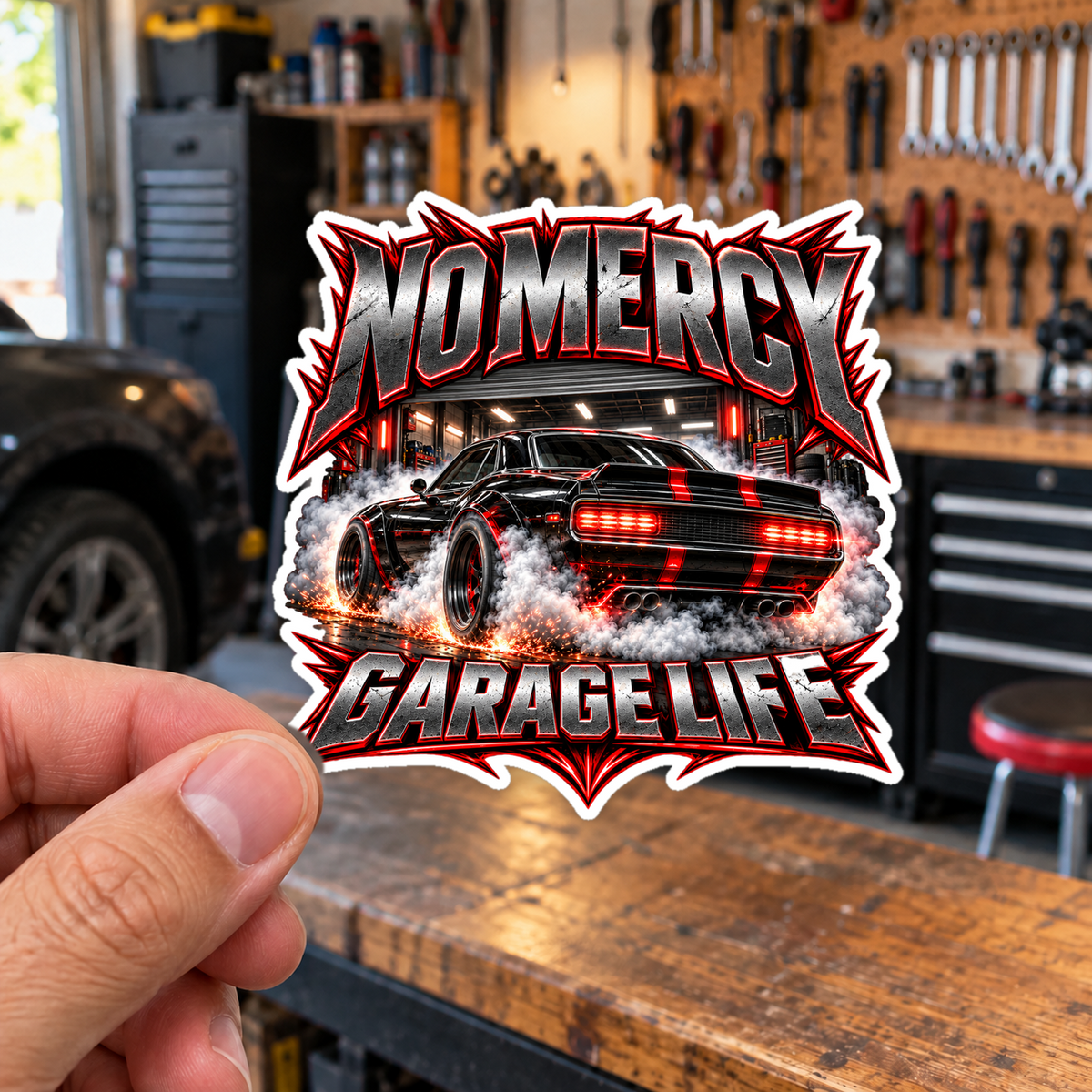 No Mercy Garage Die-Cut Sticker 3 with Garage Life artwork by Print Gear