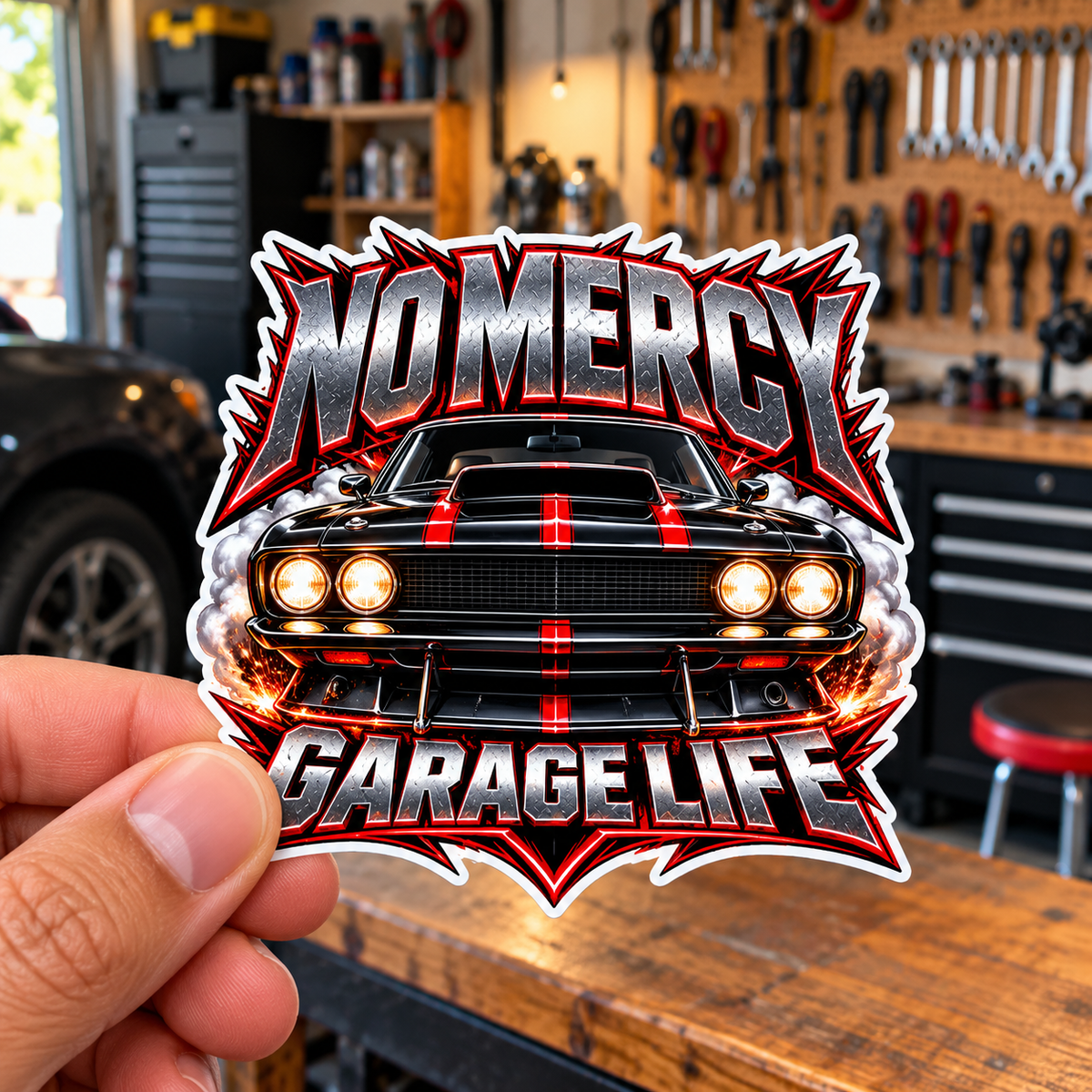 No Mercy Garage Die-Cut Sticker 2 with Garage Life artwork by Print Gear