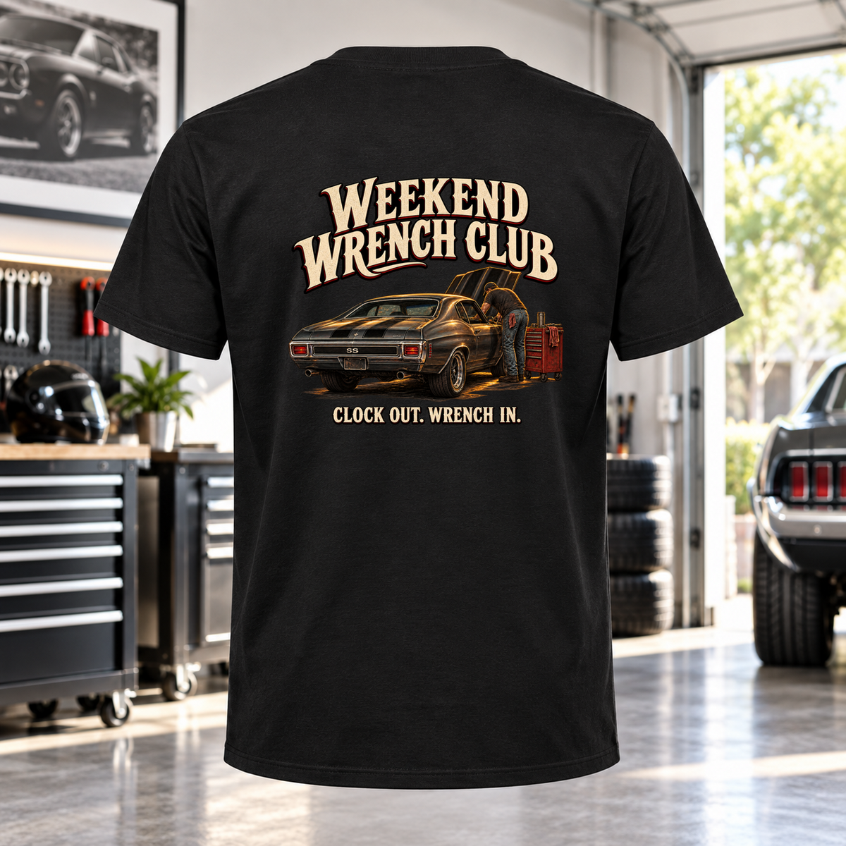 Weekend Wrench Club T-Shirt with Garage Life artwork by Print Gear