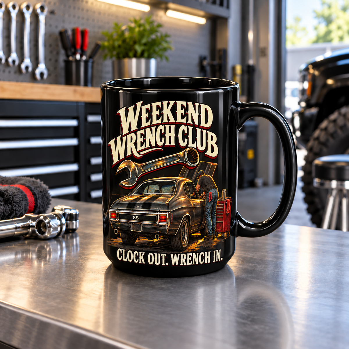 Weekend Wrench Club Black Mug 15oz with Garage Life artwork by Print Gear
