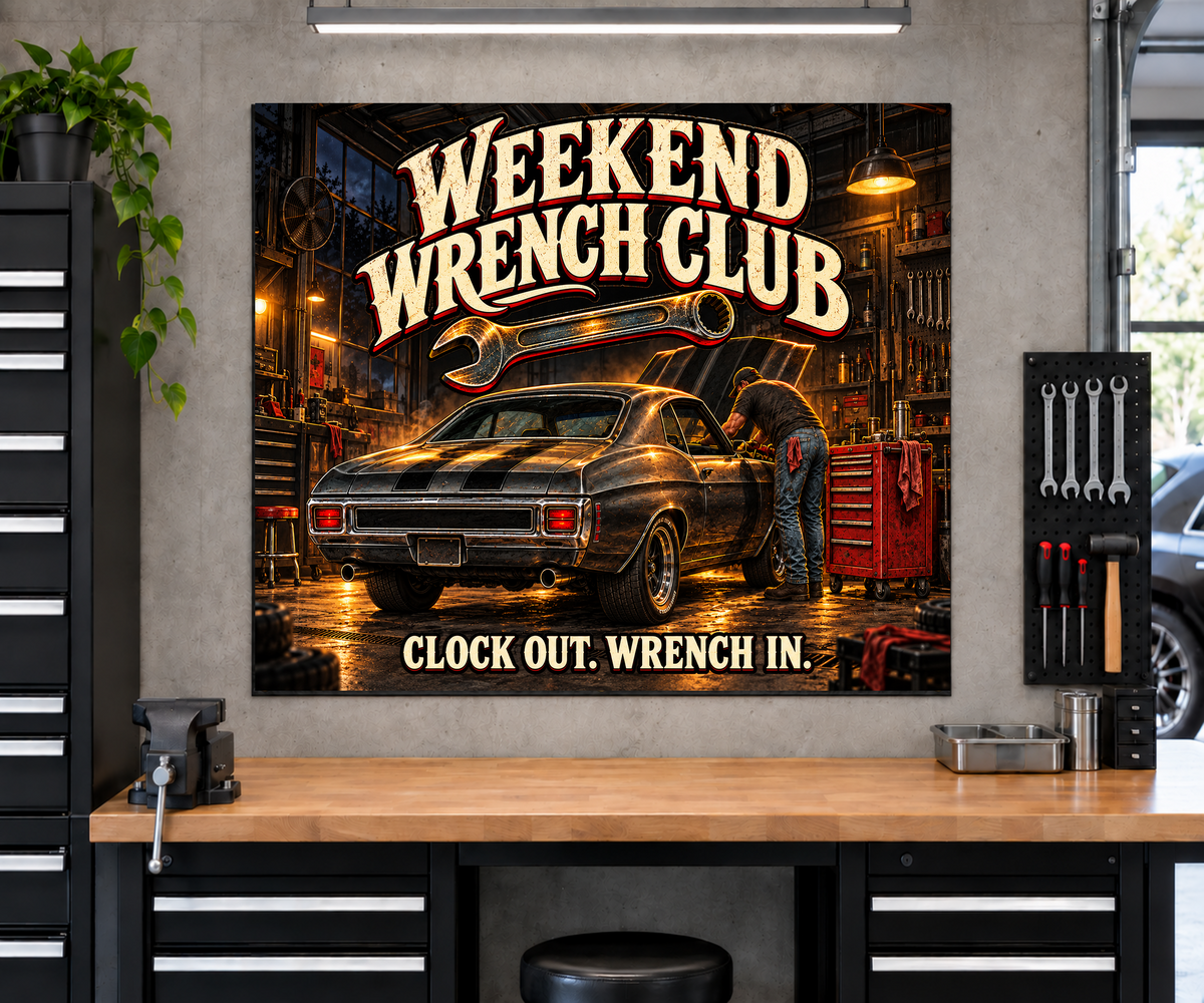Weekend Wrench Club Garage Banner with Garage Life artwork by Print Gear