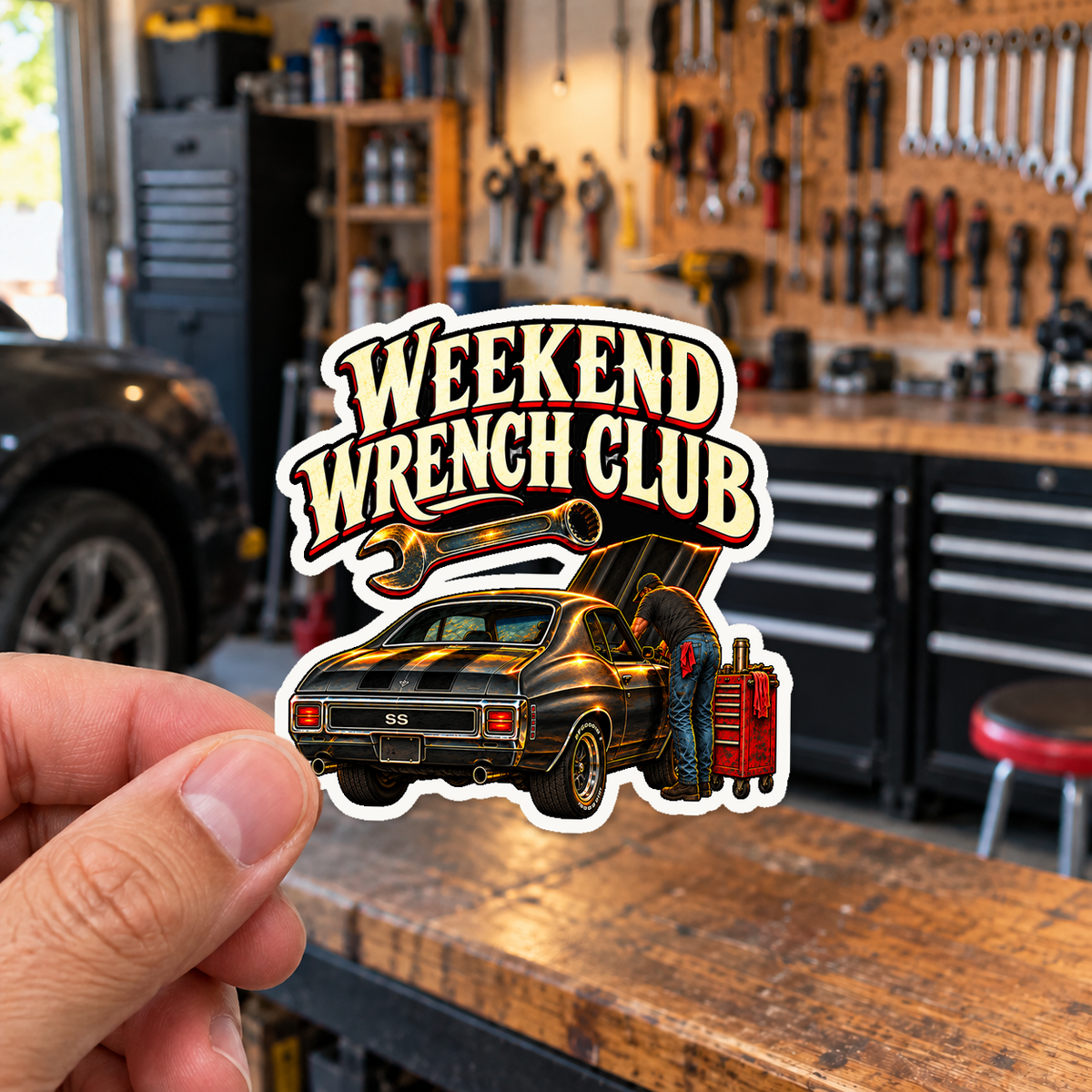 Weekend Wrench Club Die-Cut Sticker 1 with Garage Life artwork by Print Gear