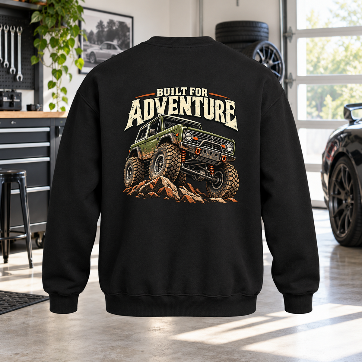 Built For Adventure Crewneck with Garage Life artwork by Print Gear