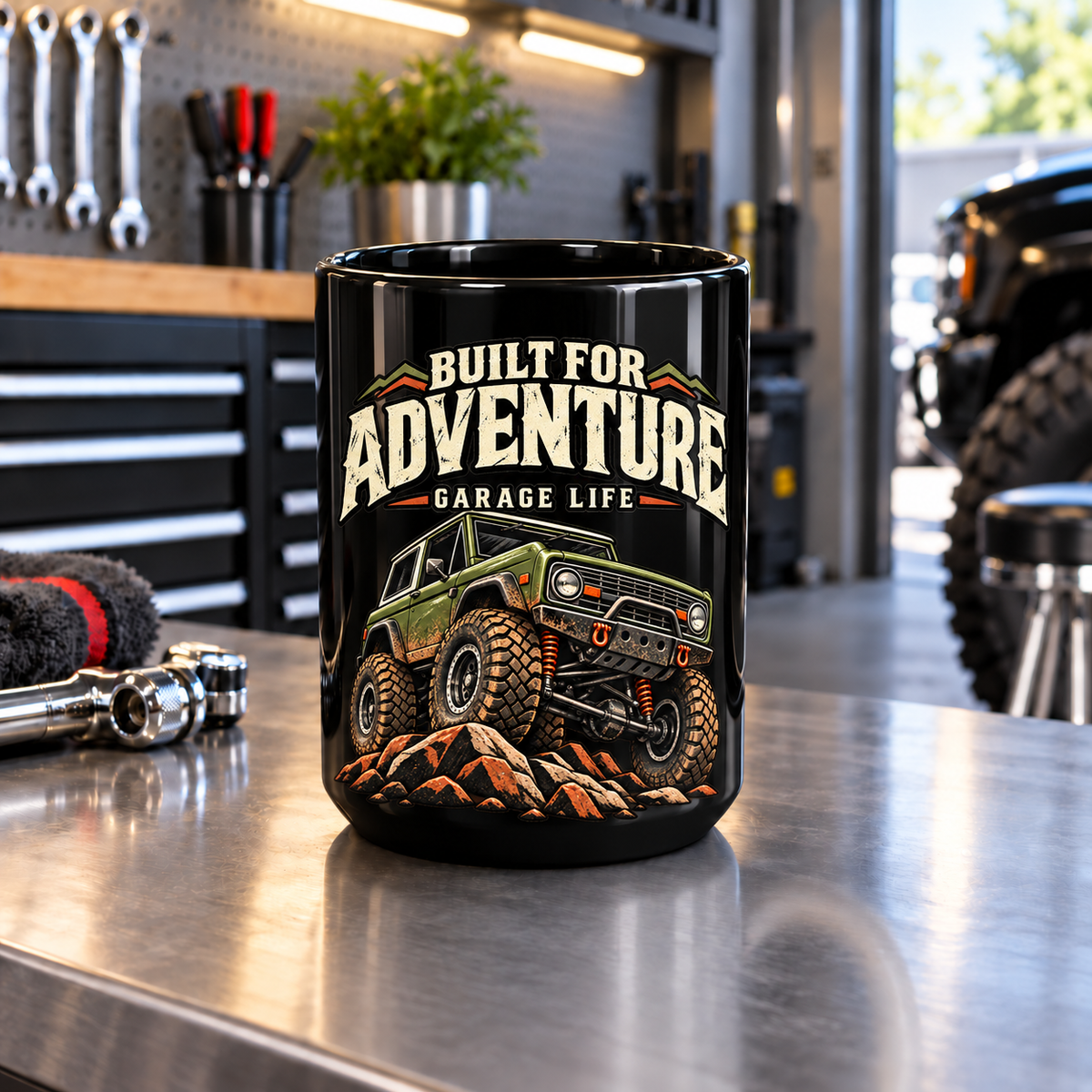 Built For Adventure Black Mug 15oz with Garage Life artwork by Print Gear