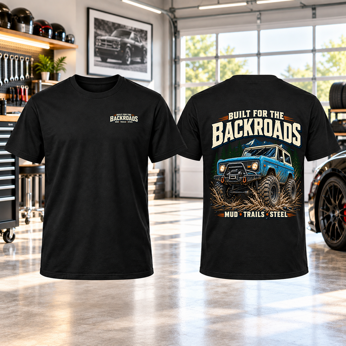 Built For The Backroads T-Shirt with Garage Life artwork by Print Gear
