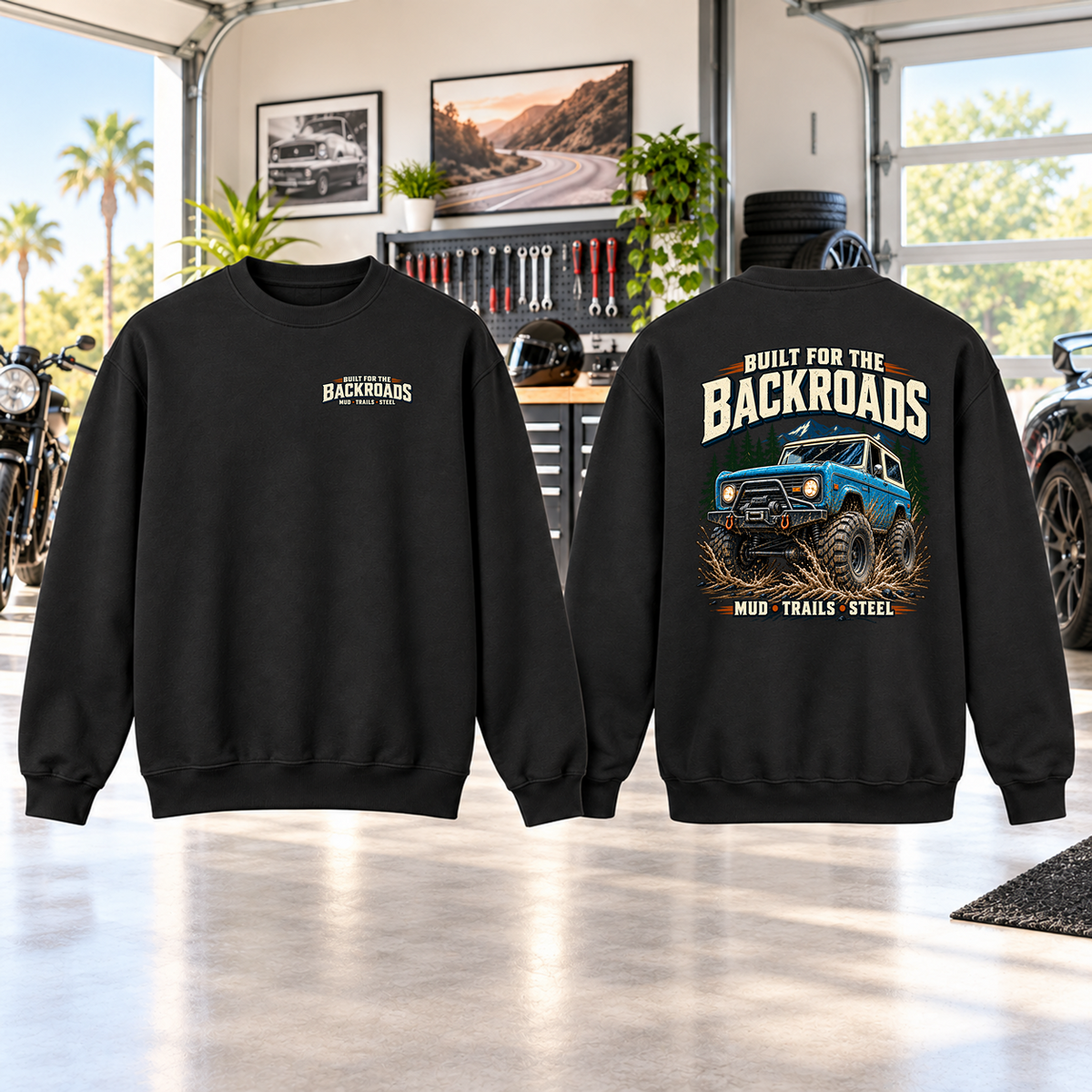 Built For The Backroads Crewneck with Garage Life artwork by Print Gear