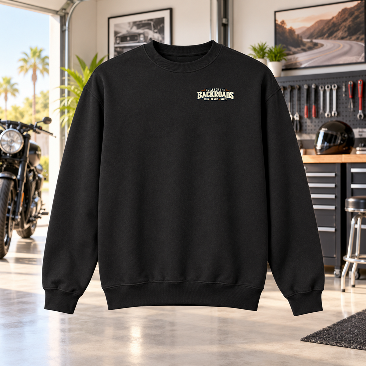 Built For The Backroads Crewneck with Garage Life artwork by Print Gear