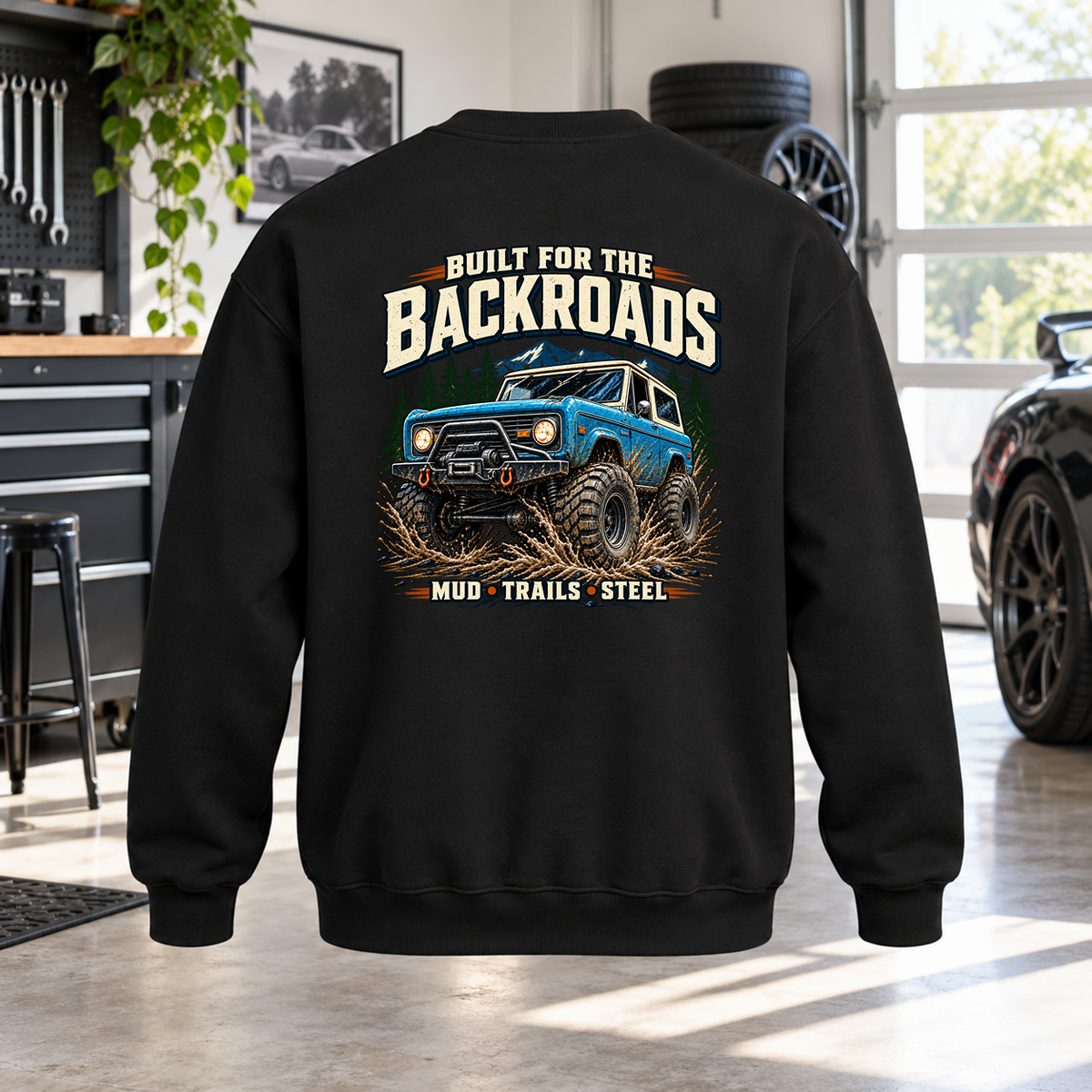 Built For The Backroads Crewneck with Garage Life artwork by Print Gear