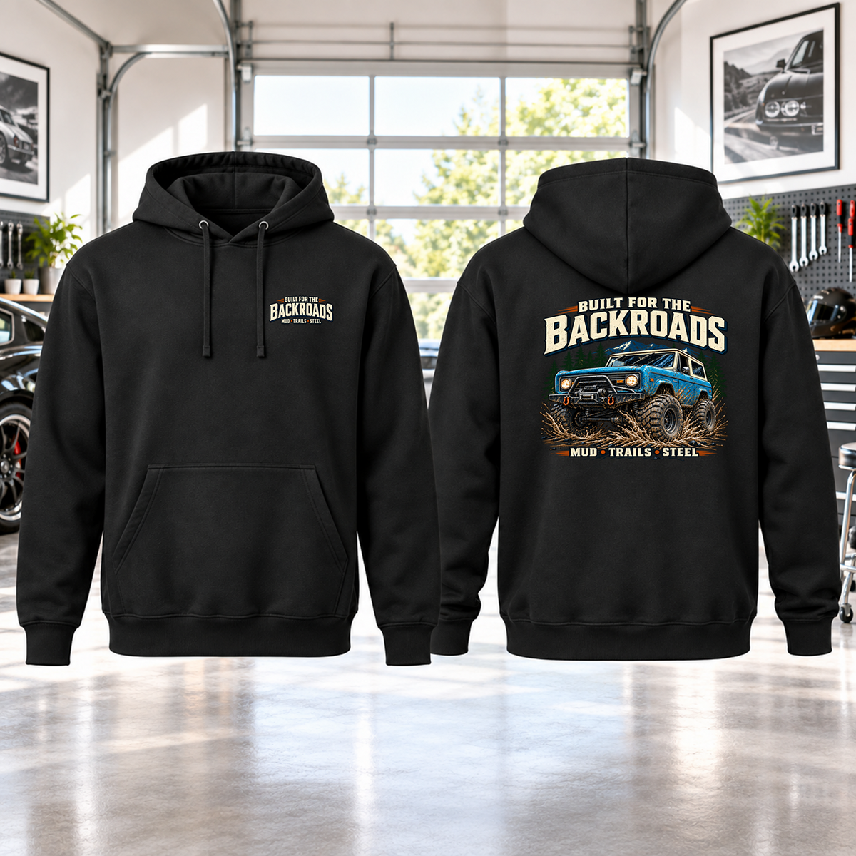 Built For The Backroads Hoodie with Garage Life artwork by Print Gear