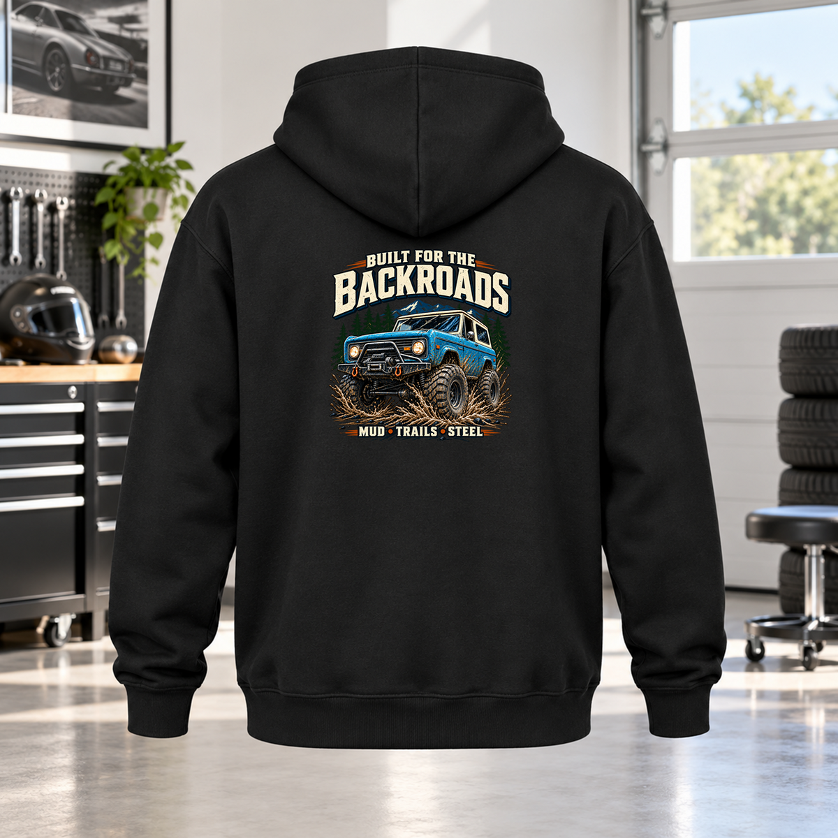Built For The Backroads Hoodie with Garage Life artwork by Print Gear