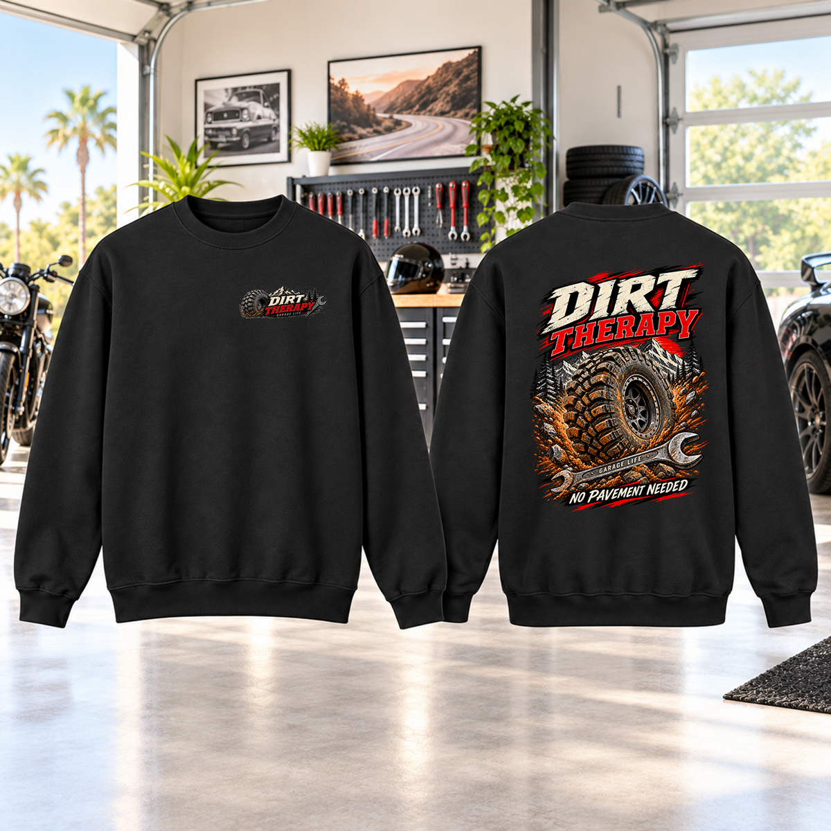 Dirt Therapy Crewneck with Garage Life artwork by Print Gear