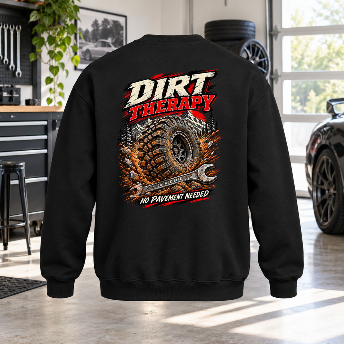 Dirt Therapy Crewneck with Garage Life artwork by Print Gear