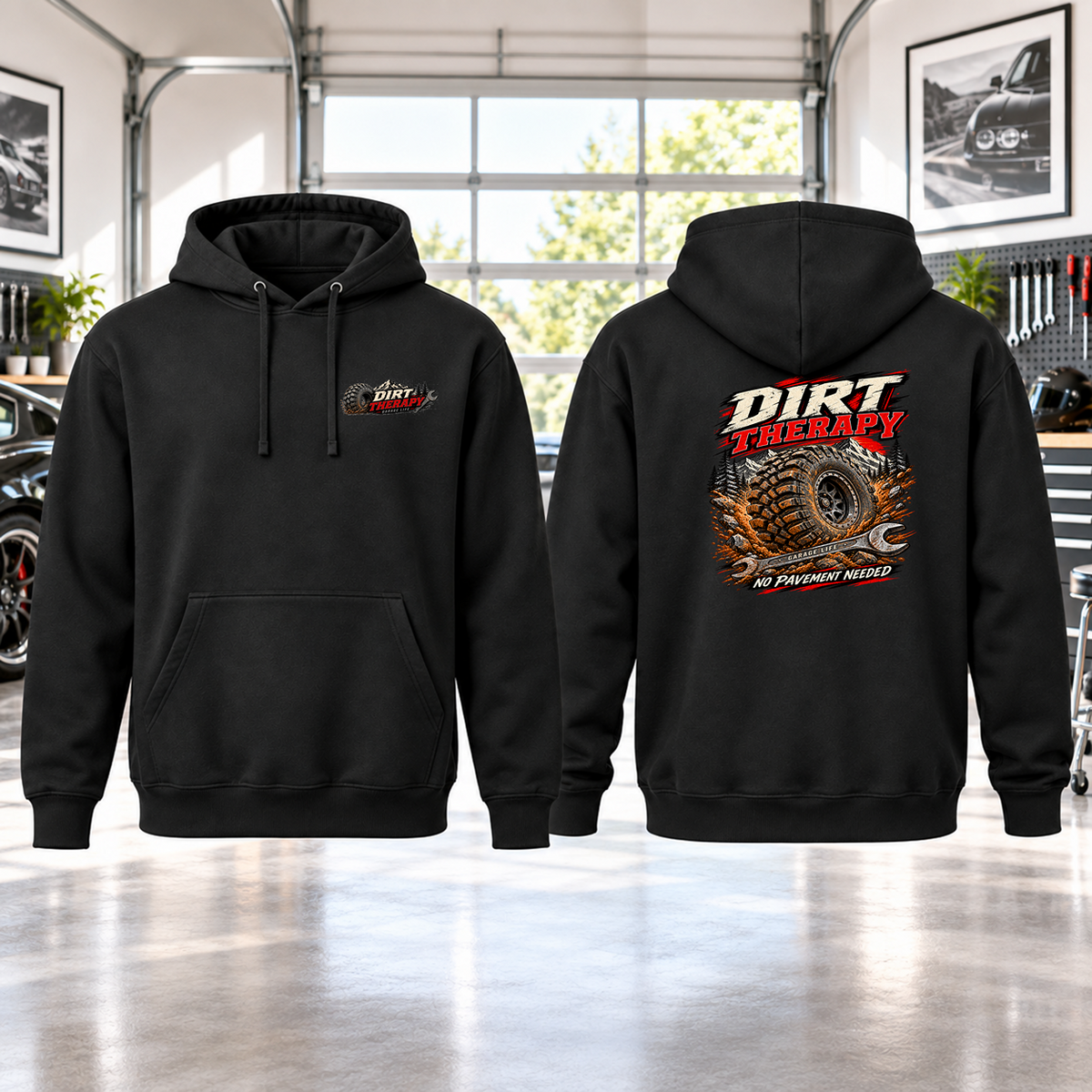 Dirt Therapy Hoodie with Garage Life artwork by Print Gear