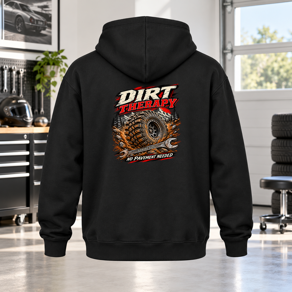 Dirt Therapy Hoodie with Garage Life artwork by Print Gear