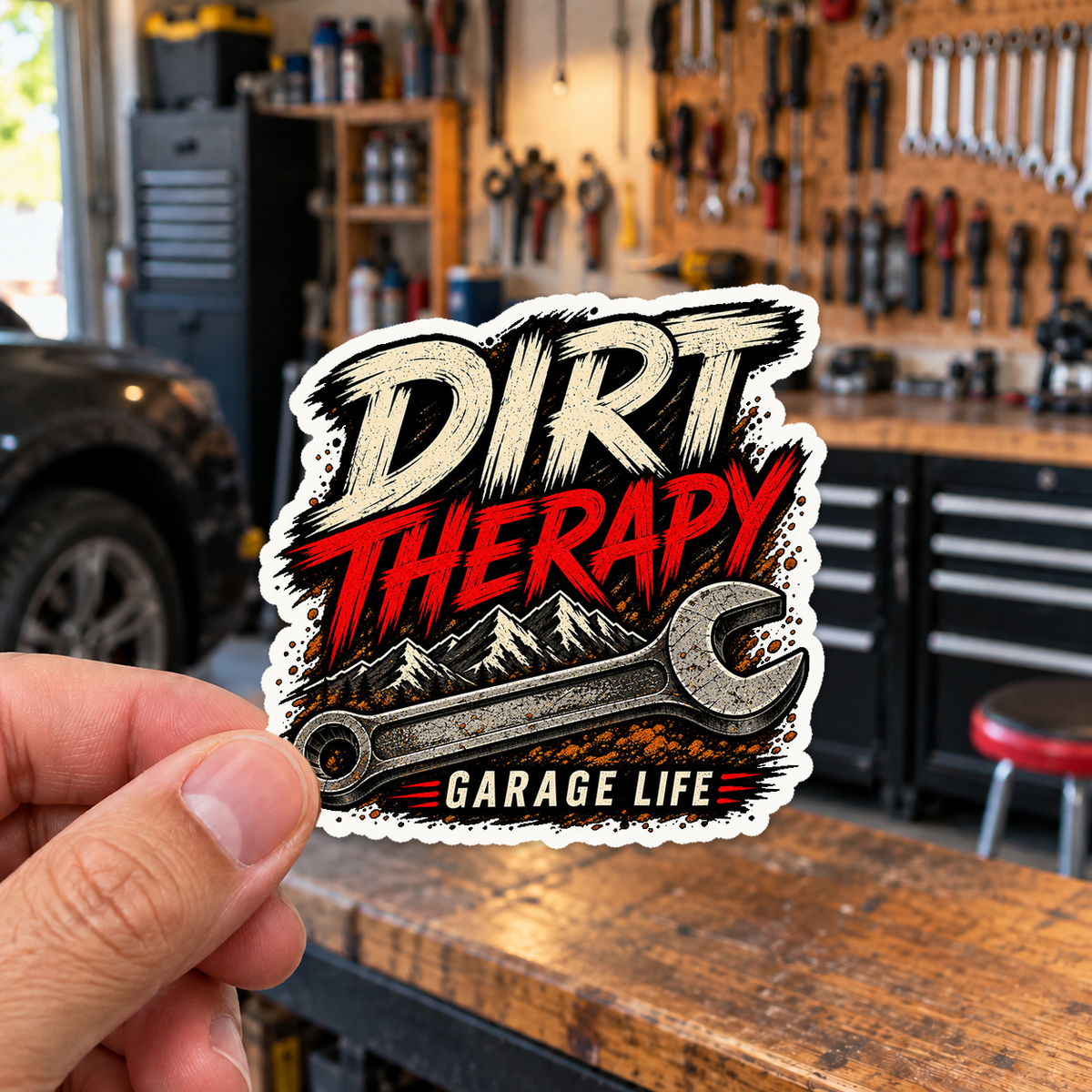 Dirt Therapy Die-Cut Sticker 2 with Garage Life artwork by Print Gear