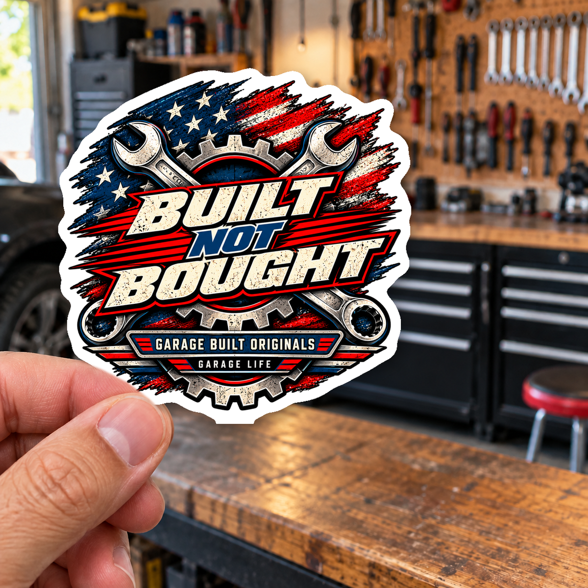 Built Not Bought Die-Cut Sticker 2 with Garage Life artwork by Print Gear
