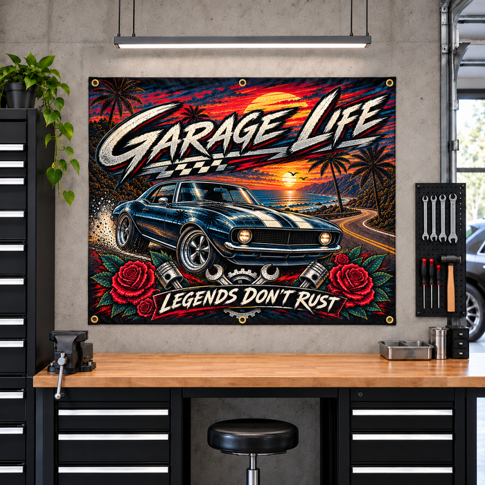 Legends Don't Rust Garage Banner