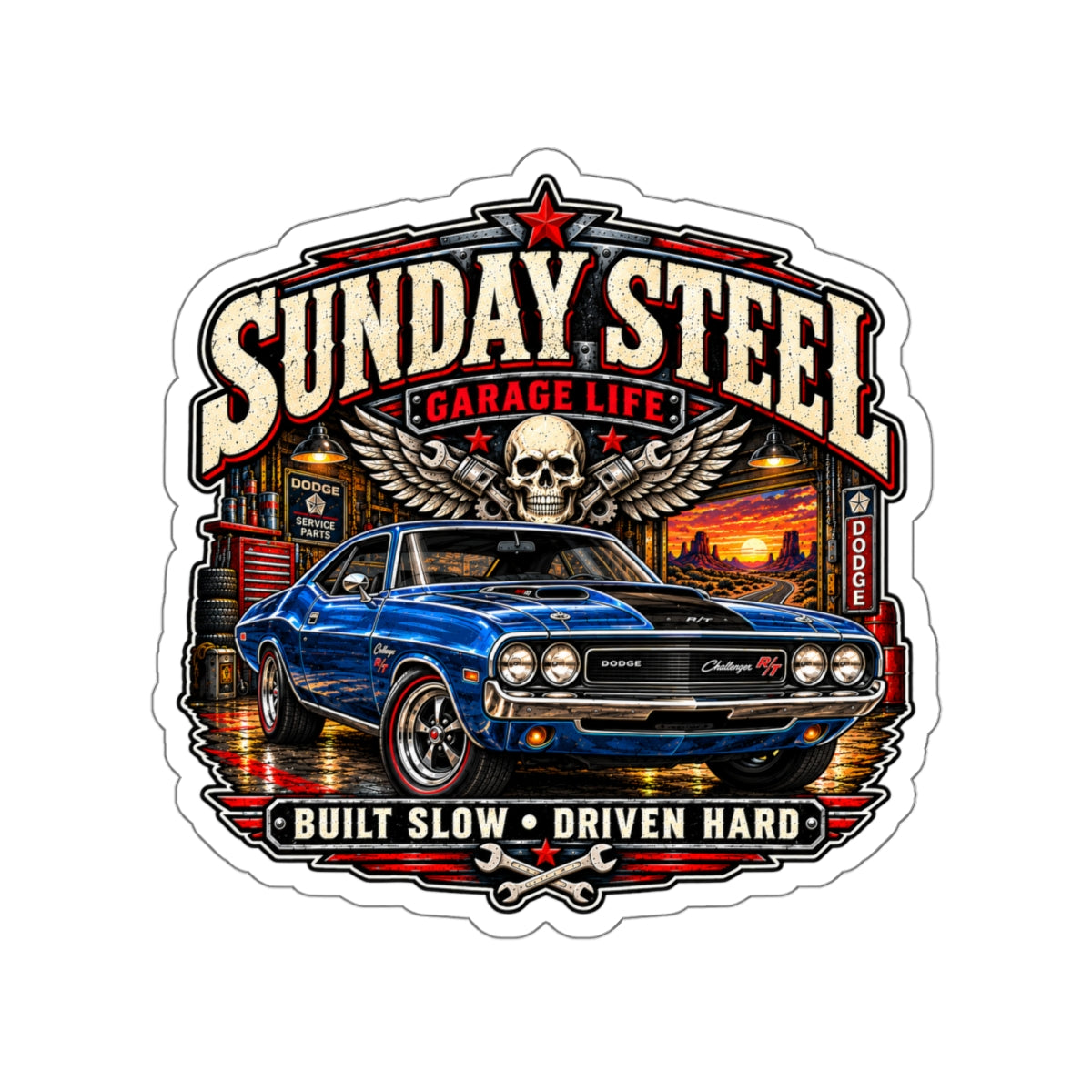 Sunday Steel Die-Cut Sticker 3 with Garage Life artwork by Print Gear