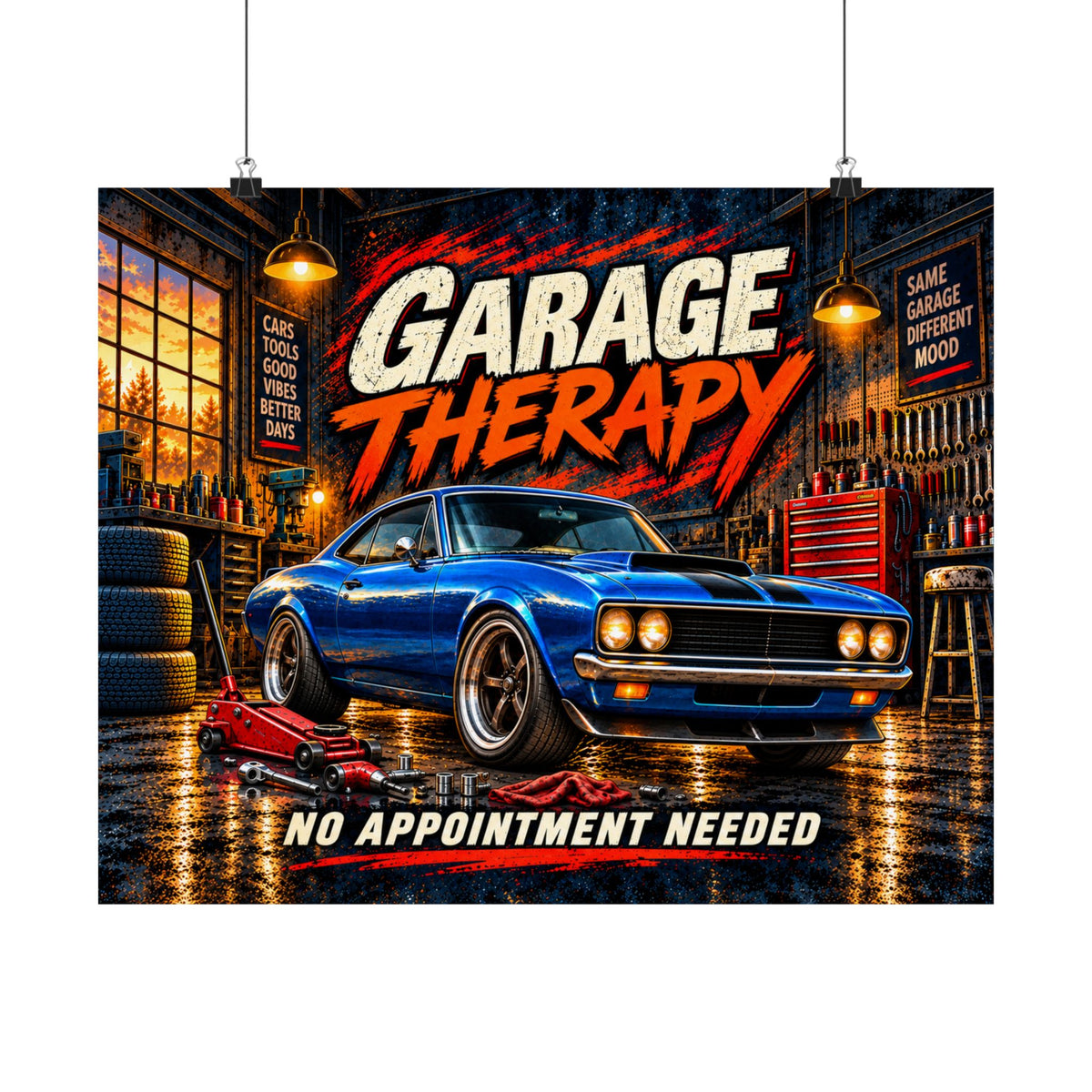 Garage Therapy horizontal matte poster suspended from clips, with orange lettering and blue muscle car artwork.