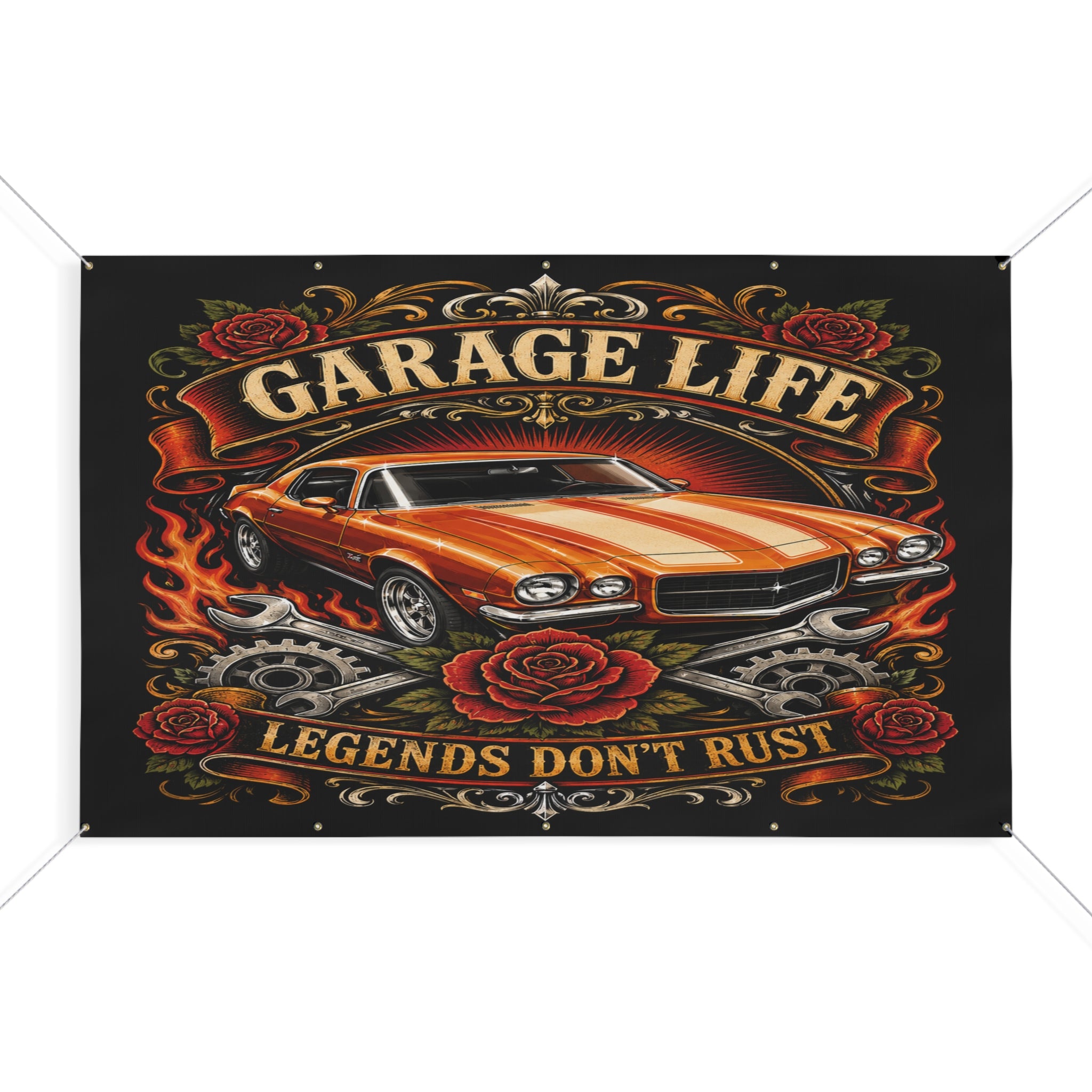 Legends Don’t Rust Orange Garage Banner