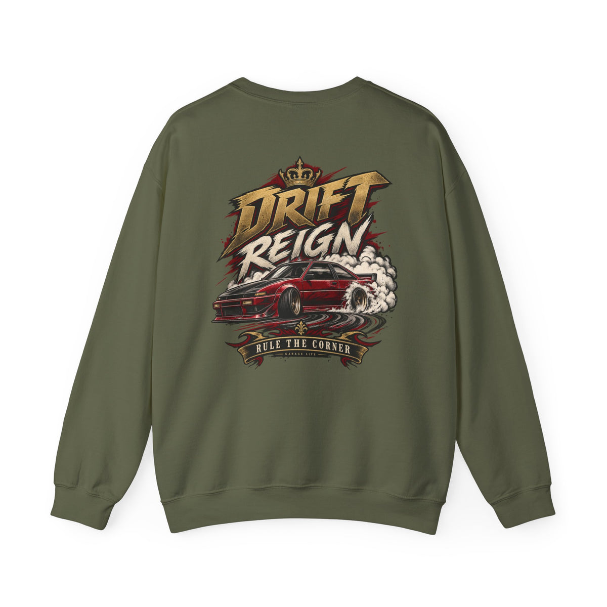 Drift Reign Crewneck with Garage Life artwork by Print Gear