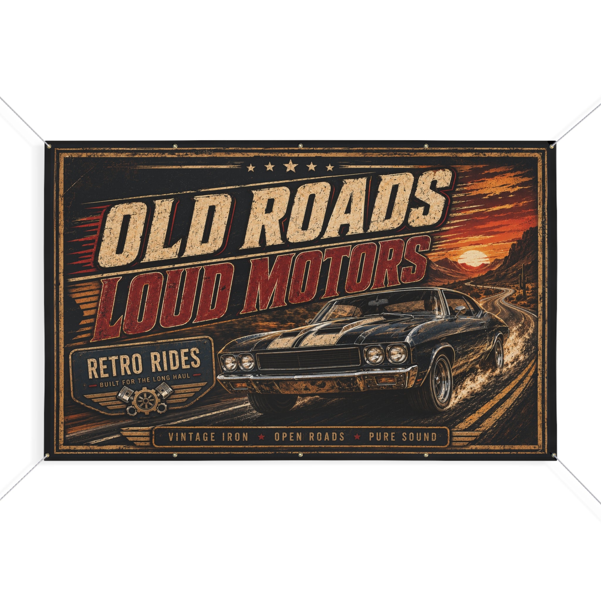 Old Roads Loud Motors Garage Banner