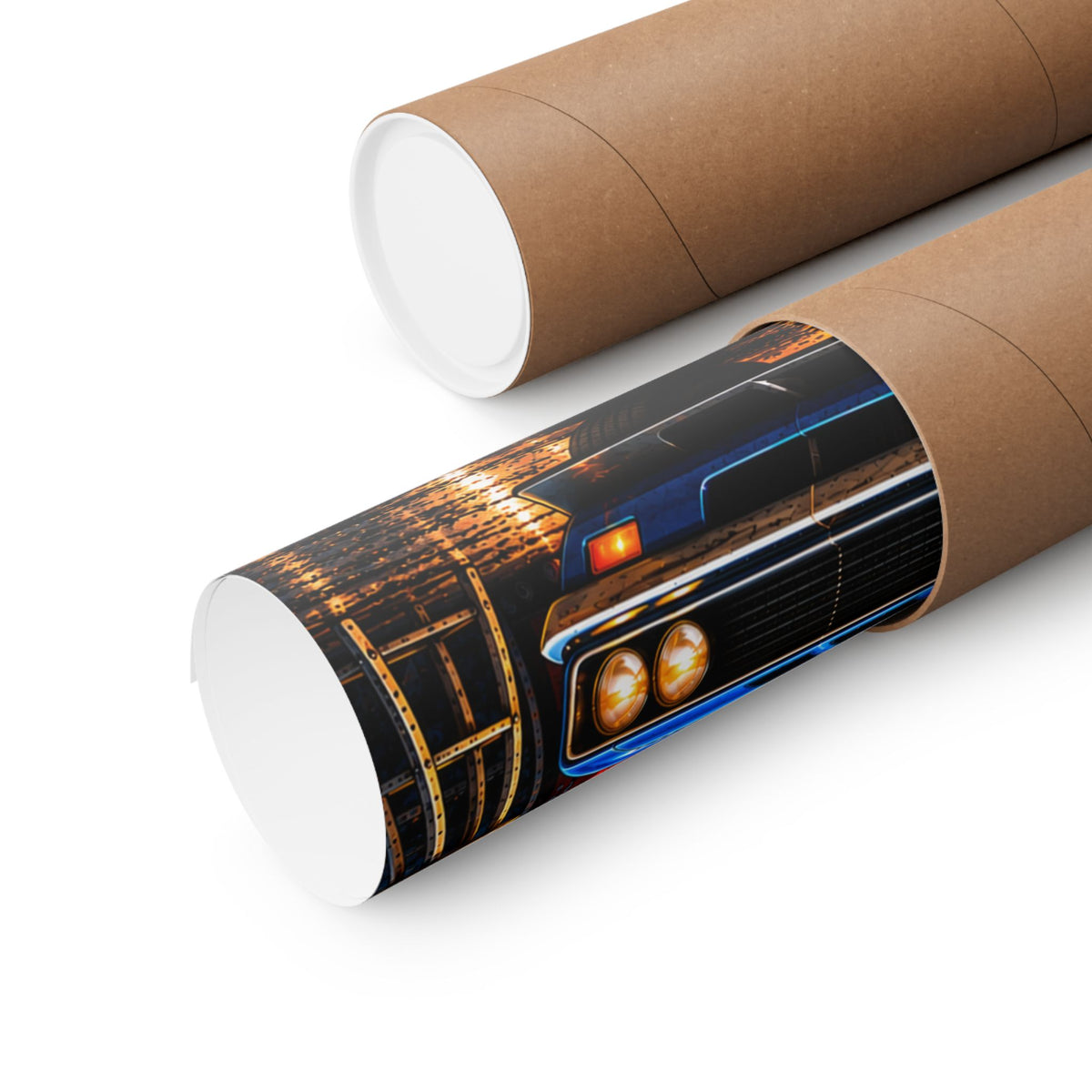 Rolled Garage Therapy poster beside a cardboard tube, showing a close-up of the blue muscle car.