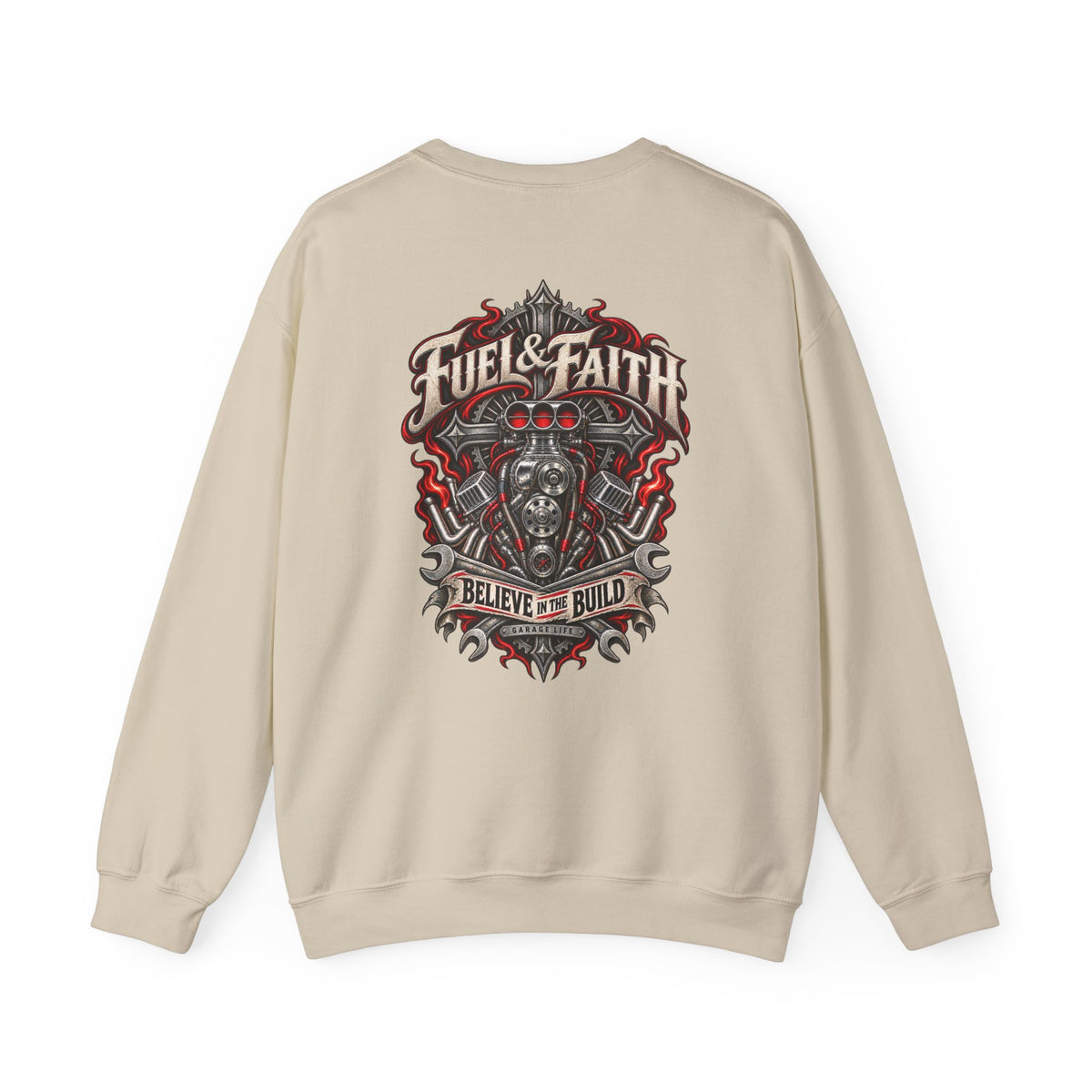 Fuel & Faith Crewneck with Garage Life artwork by Print Gear