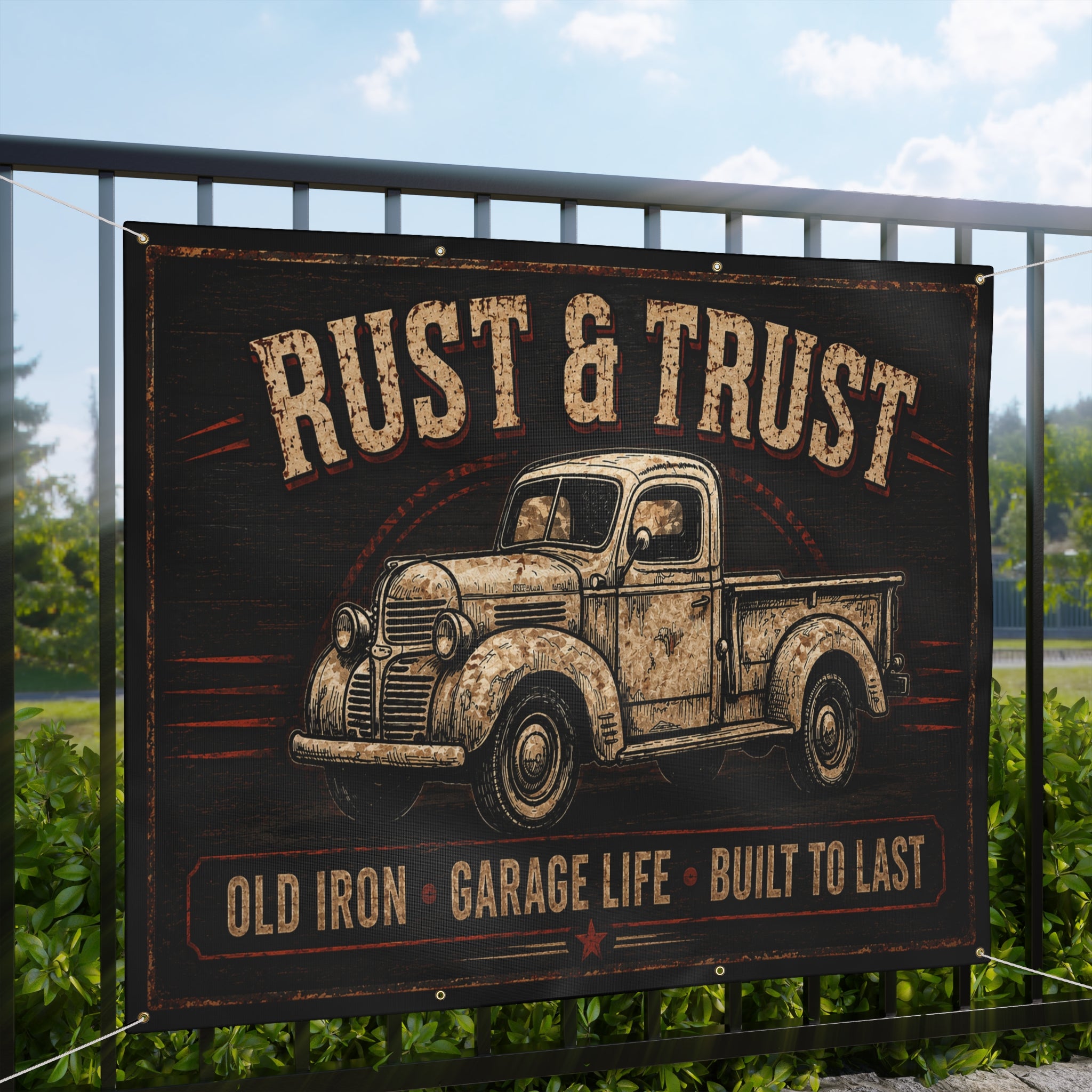 Rust & Trust Vintage Truck Garage Banner