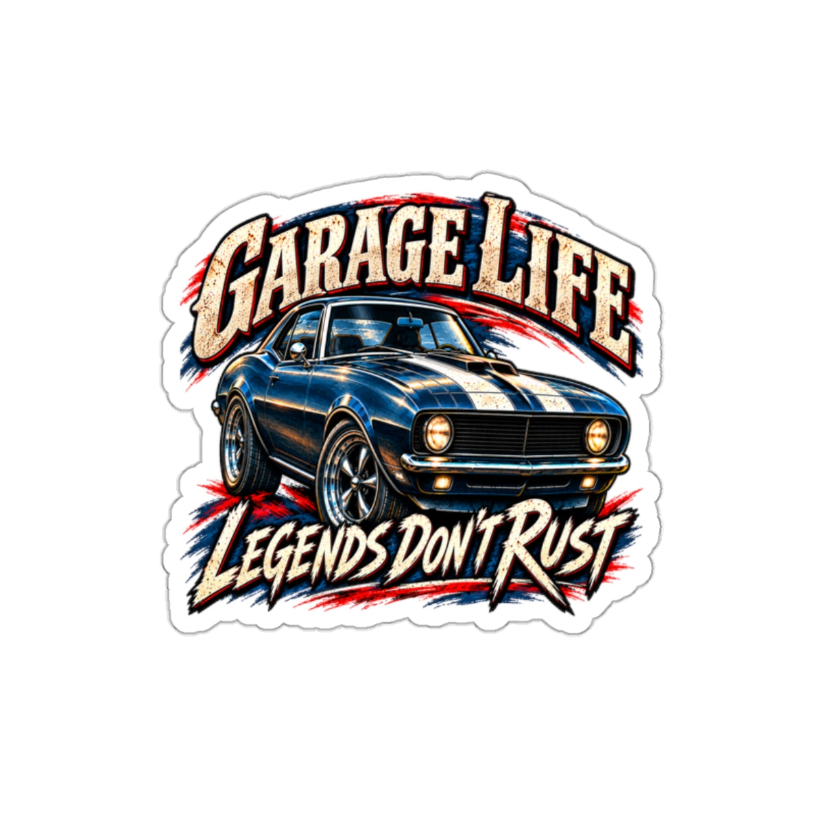 Legends Don't Rust Die-Cut Sticker 3 with Garage Life artwork by Print Gear