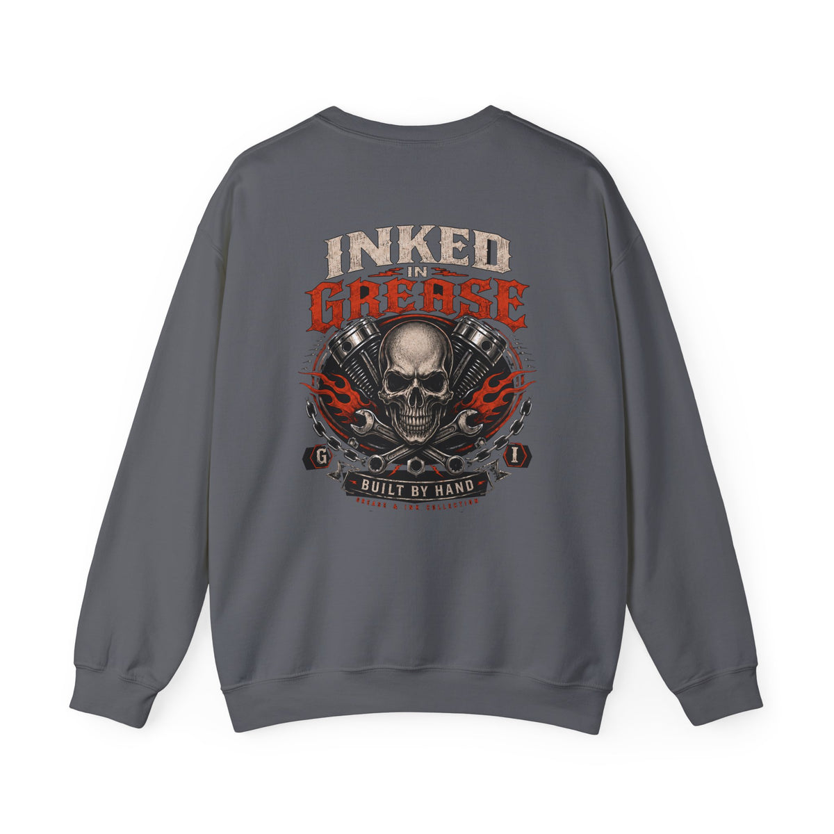 Inked In Grease Crewneck with Garage Life artwork by Print Gear