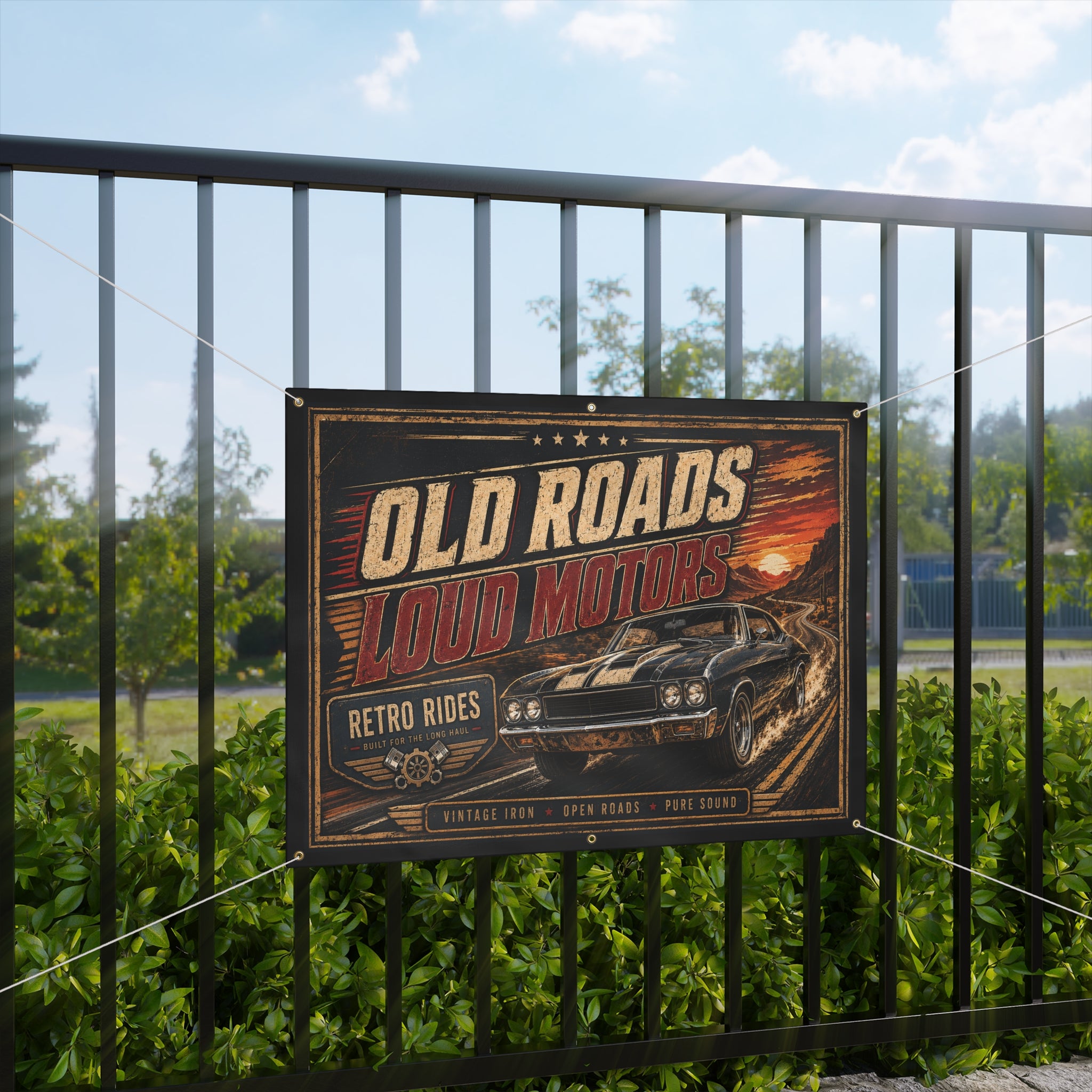 Old Roads Loud Motors Garage Banner