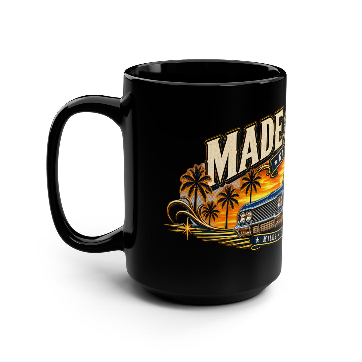 Made For The Miles Black Mug 15oz with Garage Life artwork by Print Gear