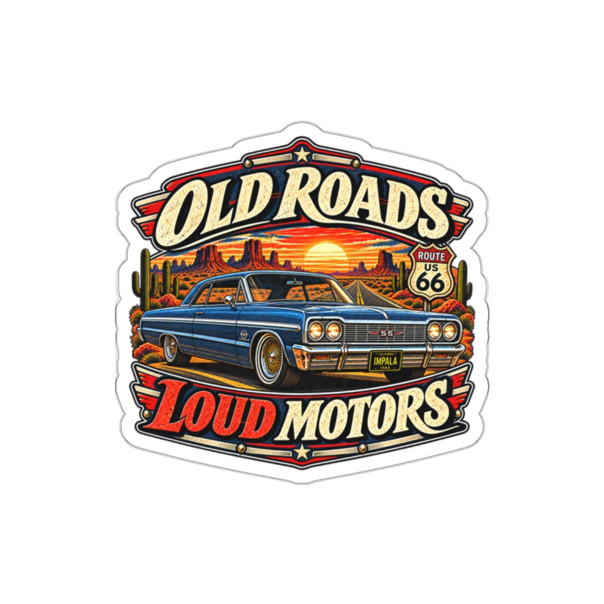 Old Roads Loud Motors Die-Cut Sticker 3 with Garage Life artwork by Print Gear