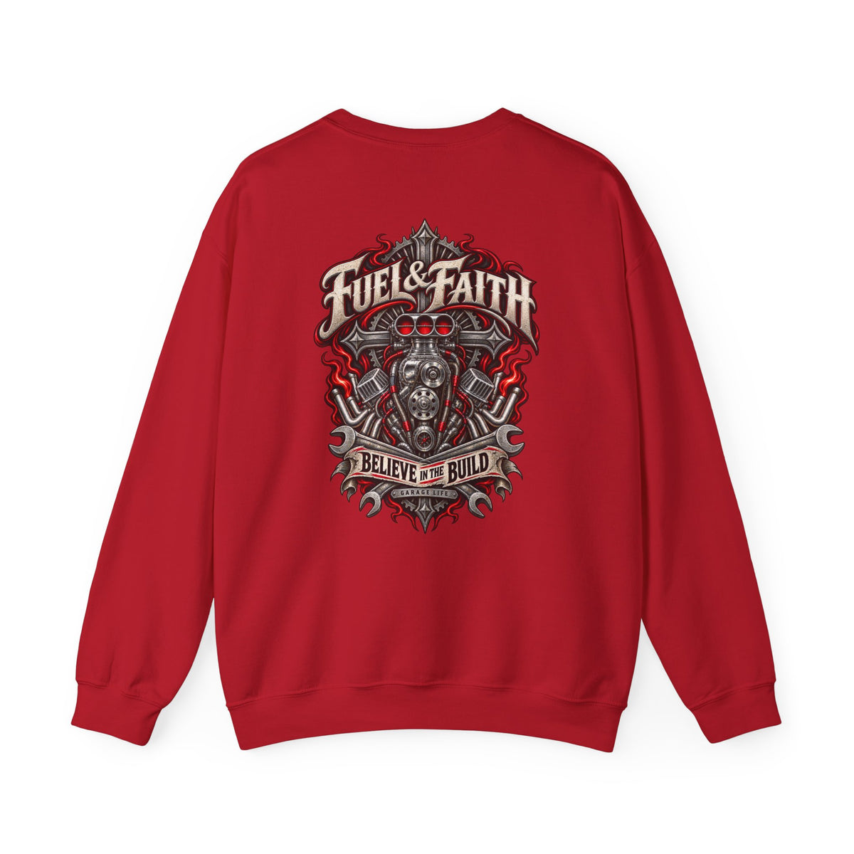 Fuel & Faith Crewneck with Garage Life artwork by Print Gear