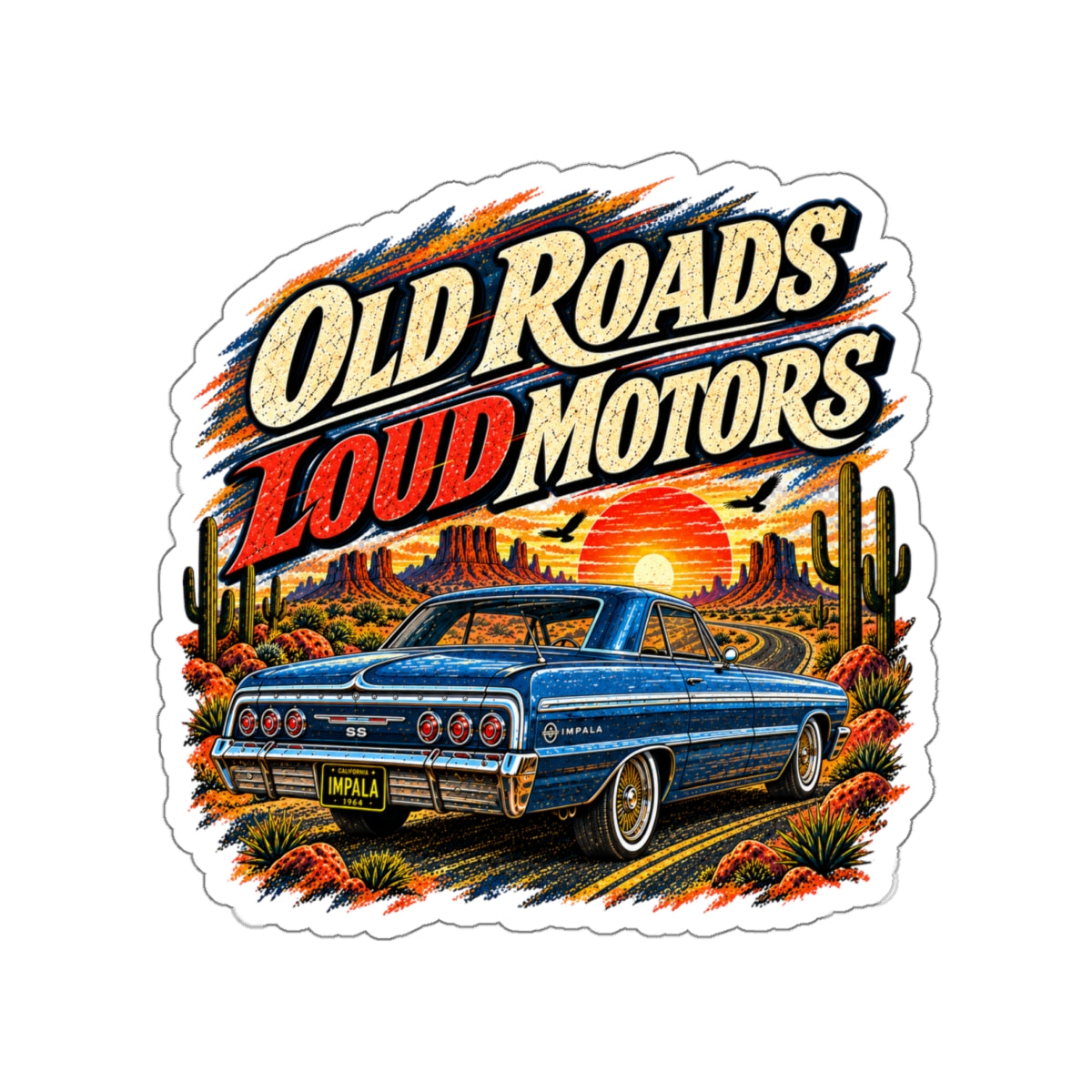 Old Roads Loud Motors Die-Cut Sticker 1 with Garage Life artwork by Print Gear