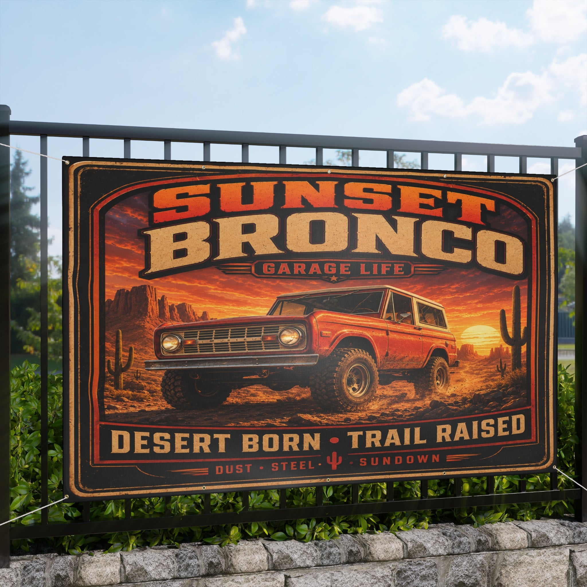 Sunset Bronco Garage Banner