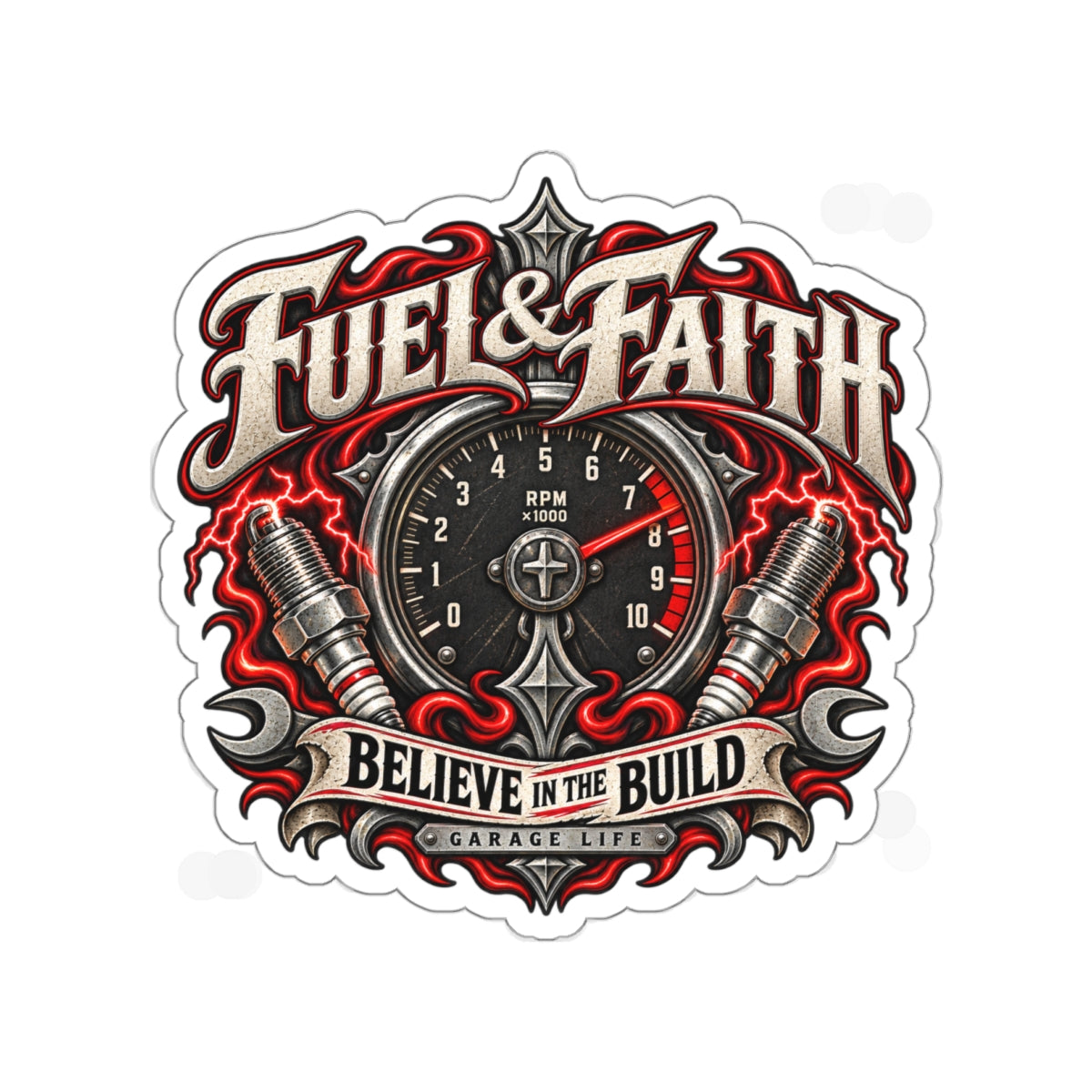 Fuel & Faith Die-Cut Sticker 3 with Garage Life artwork by Print Gear
