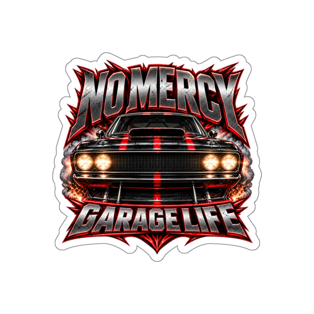 No Mercy Garage Die-Cut Sticker 2 with Garage Life artwork by Print Gear