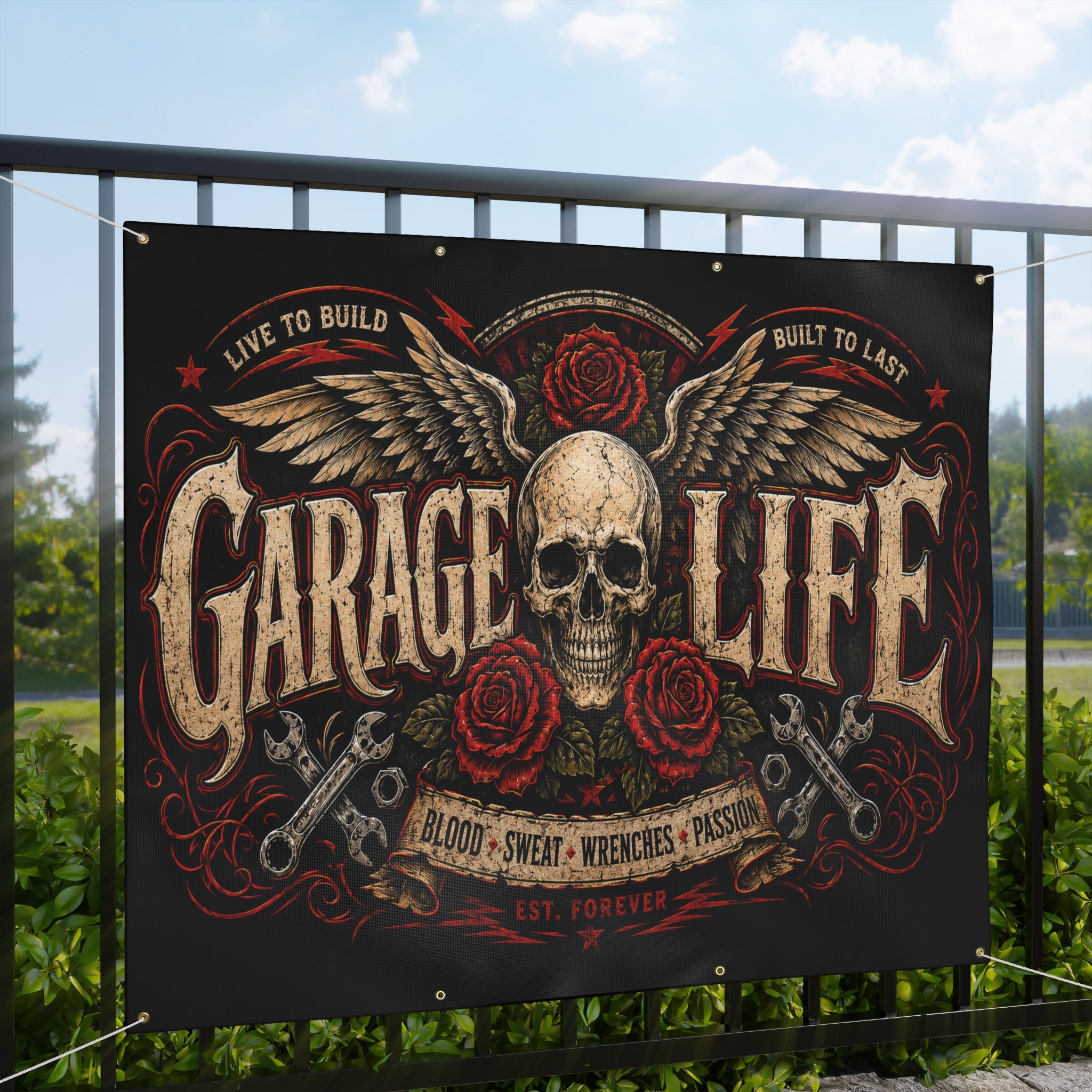 Garage Life Skull Wings Garage Banner