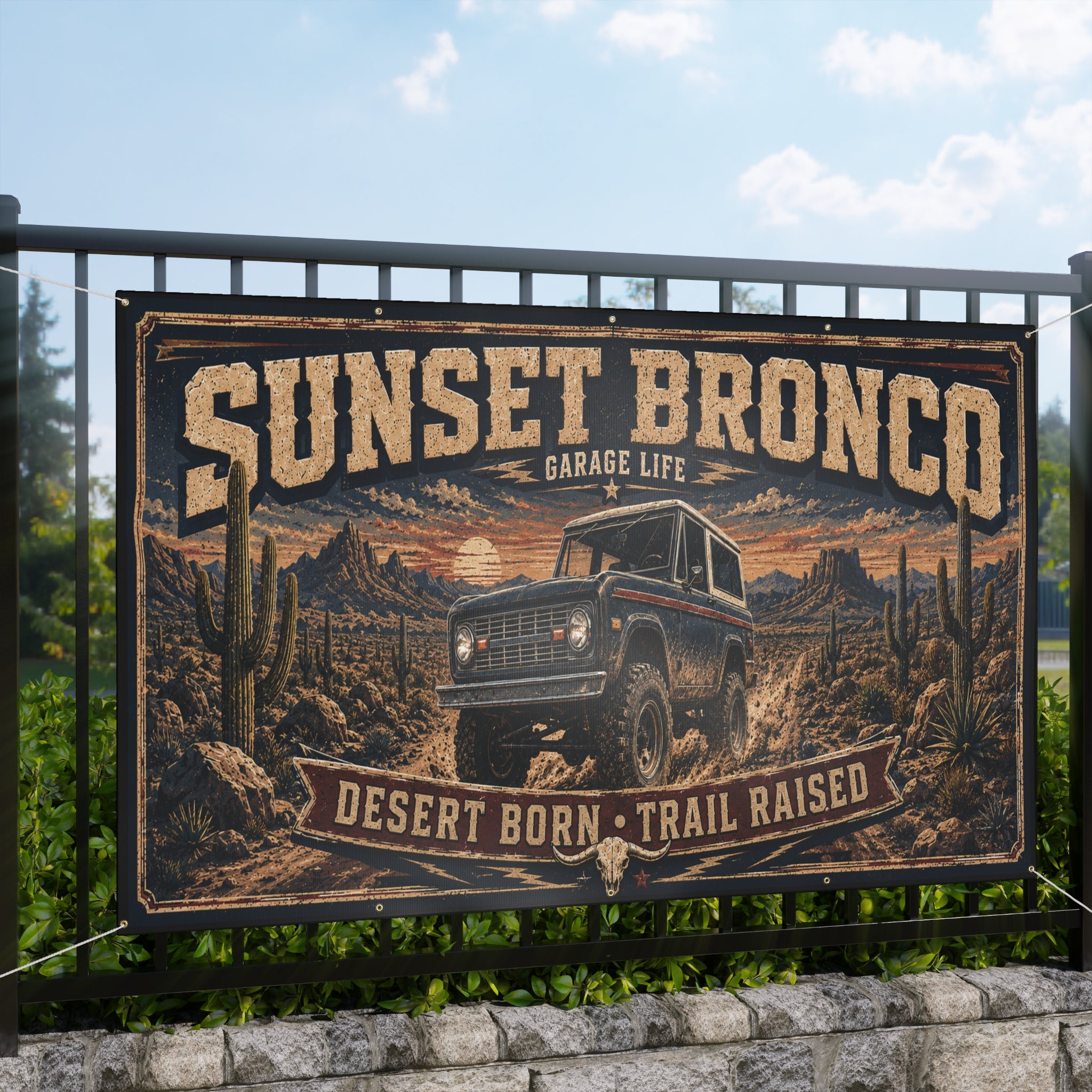 Sunset Bronco Garage Banner