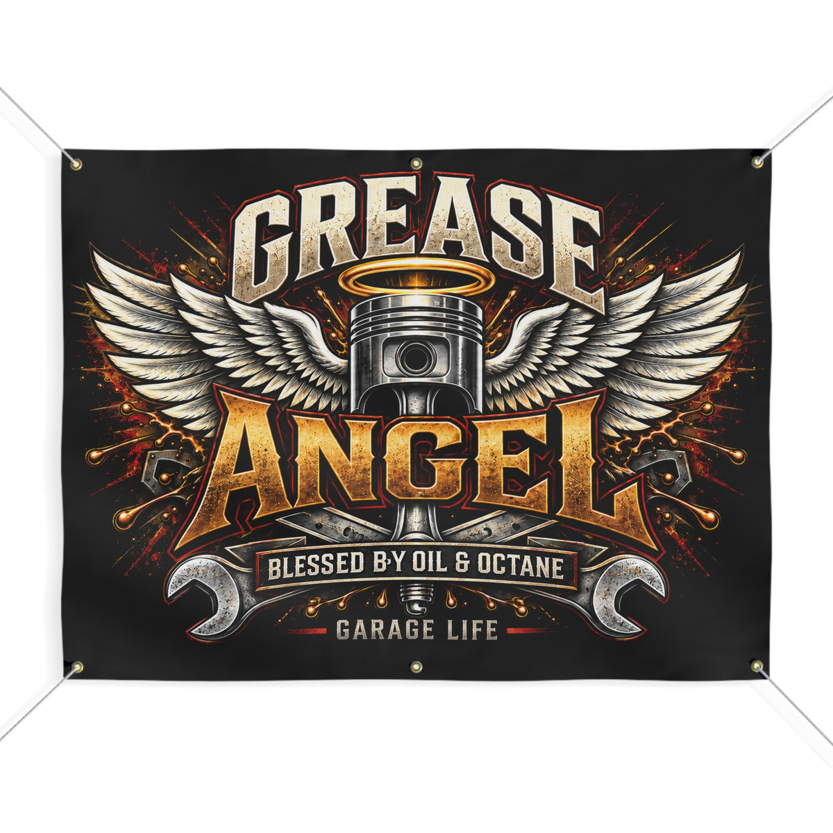 Grease Angel Garage Banner with Garage Life artwork by Print Gear