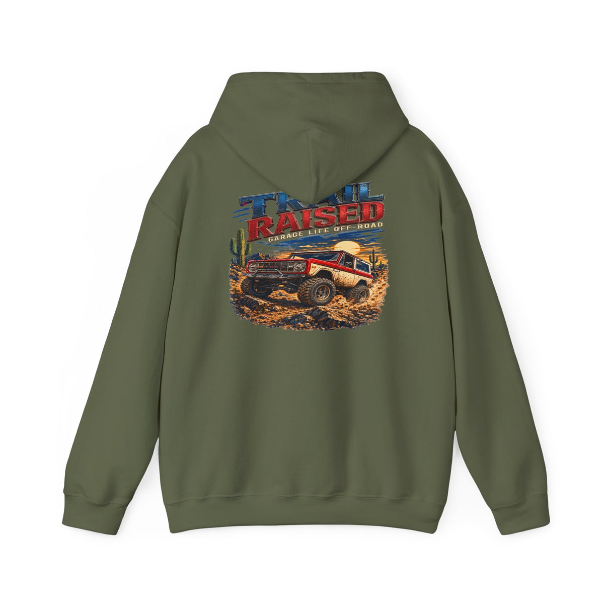 Trail Raised Hoodie with Garage Life artwork by Print Gear