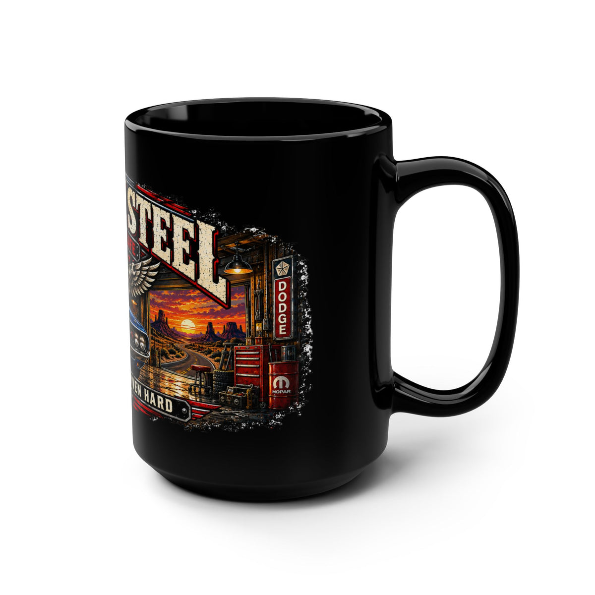 Sunday Steel Black Mug 15oz with Garage Life artwork by Print Gear