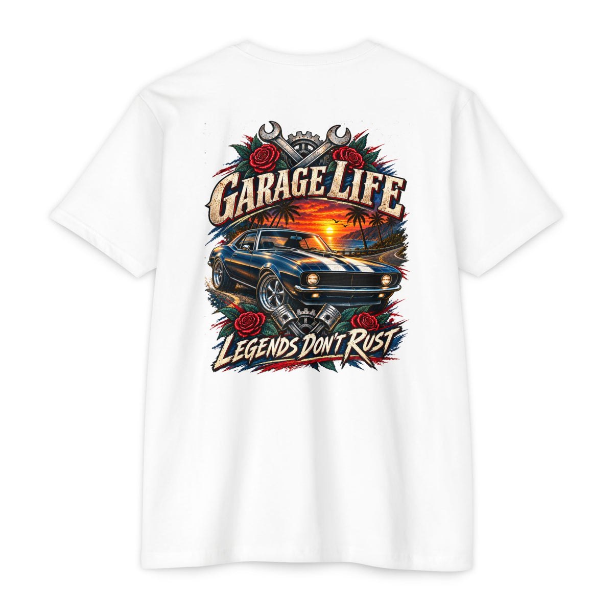 Legends Don't Rust T-Shirt with Garage Life artwork by Print Gear