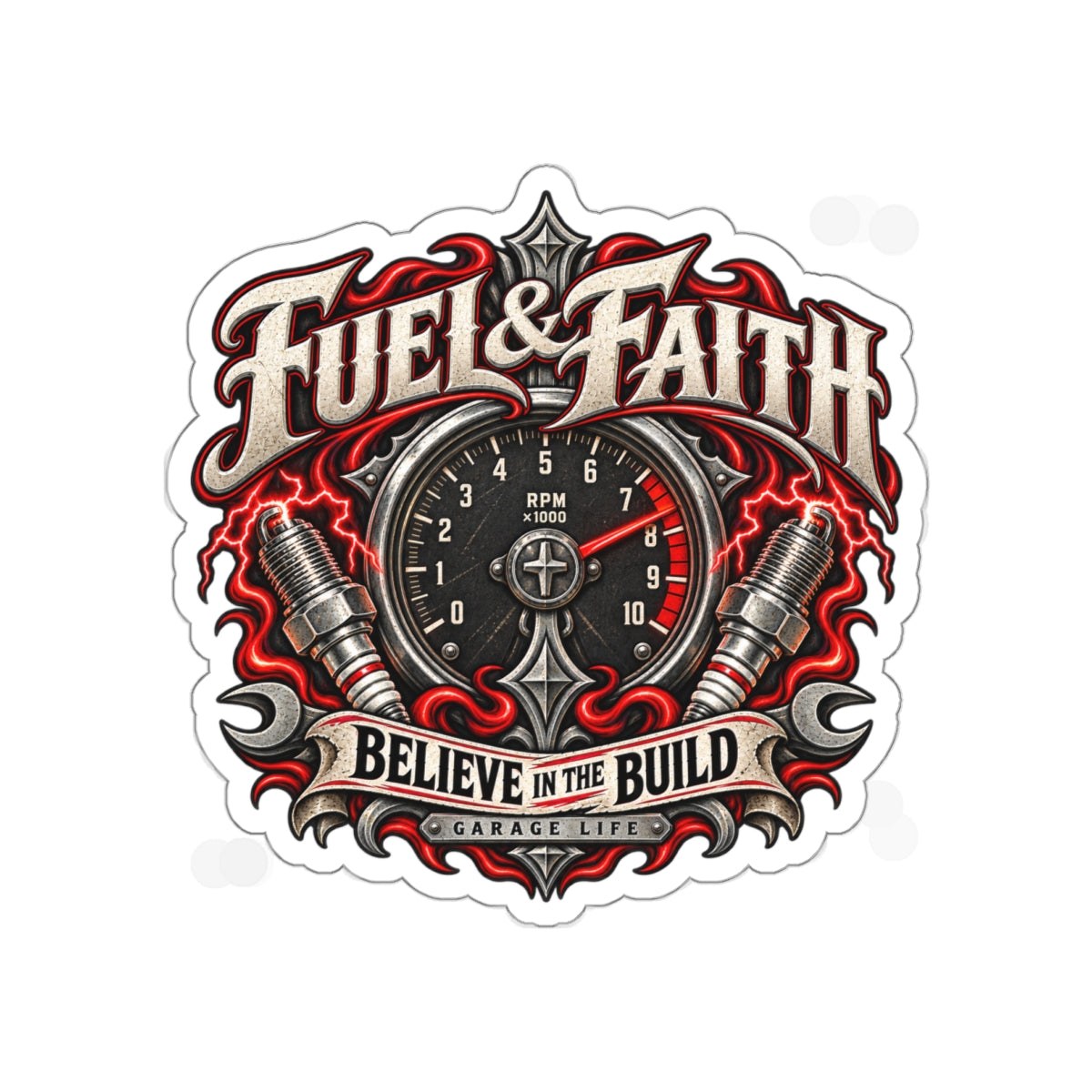 Fuel & Faith Die-Cut Sticker 3 with Garage Life artwork by Print Gear