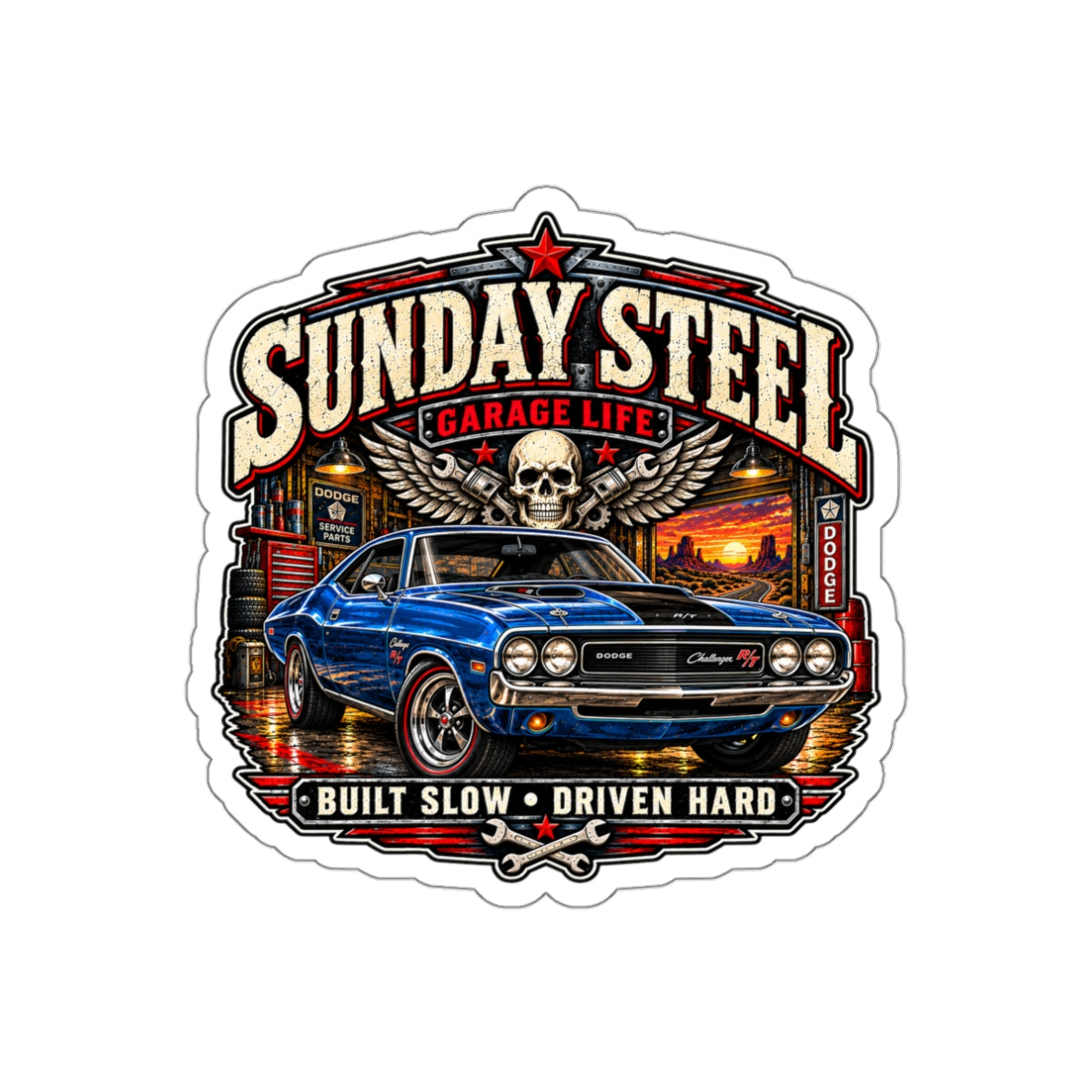 Sunday Steel Die-Cut Sticker 3 with Garage Life artwork by Print Gear