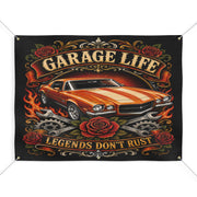 Legends Don’t Rust Orange Garage Banner