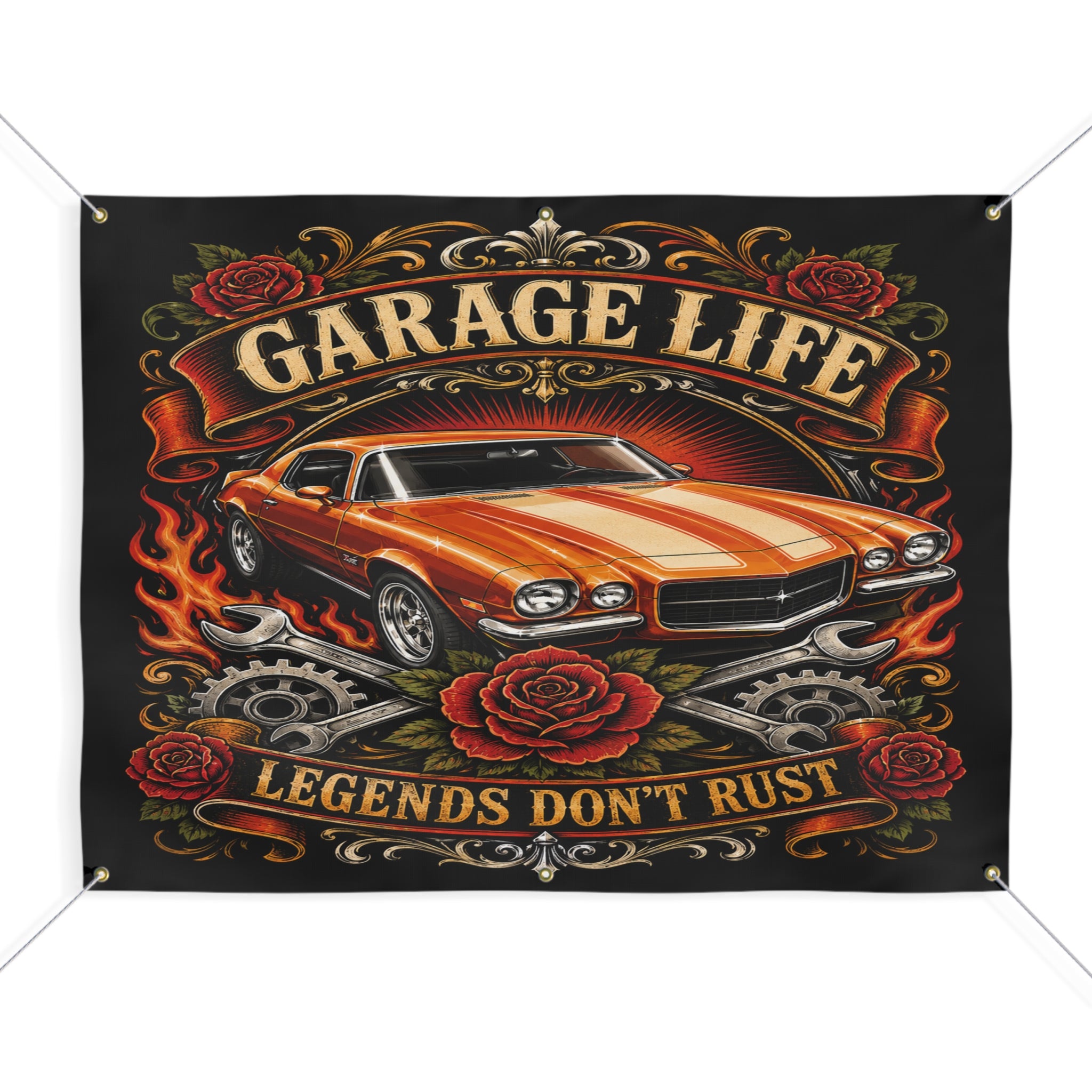 Legends Don’t Rust Orange Garage Banner